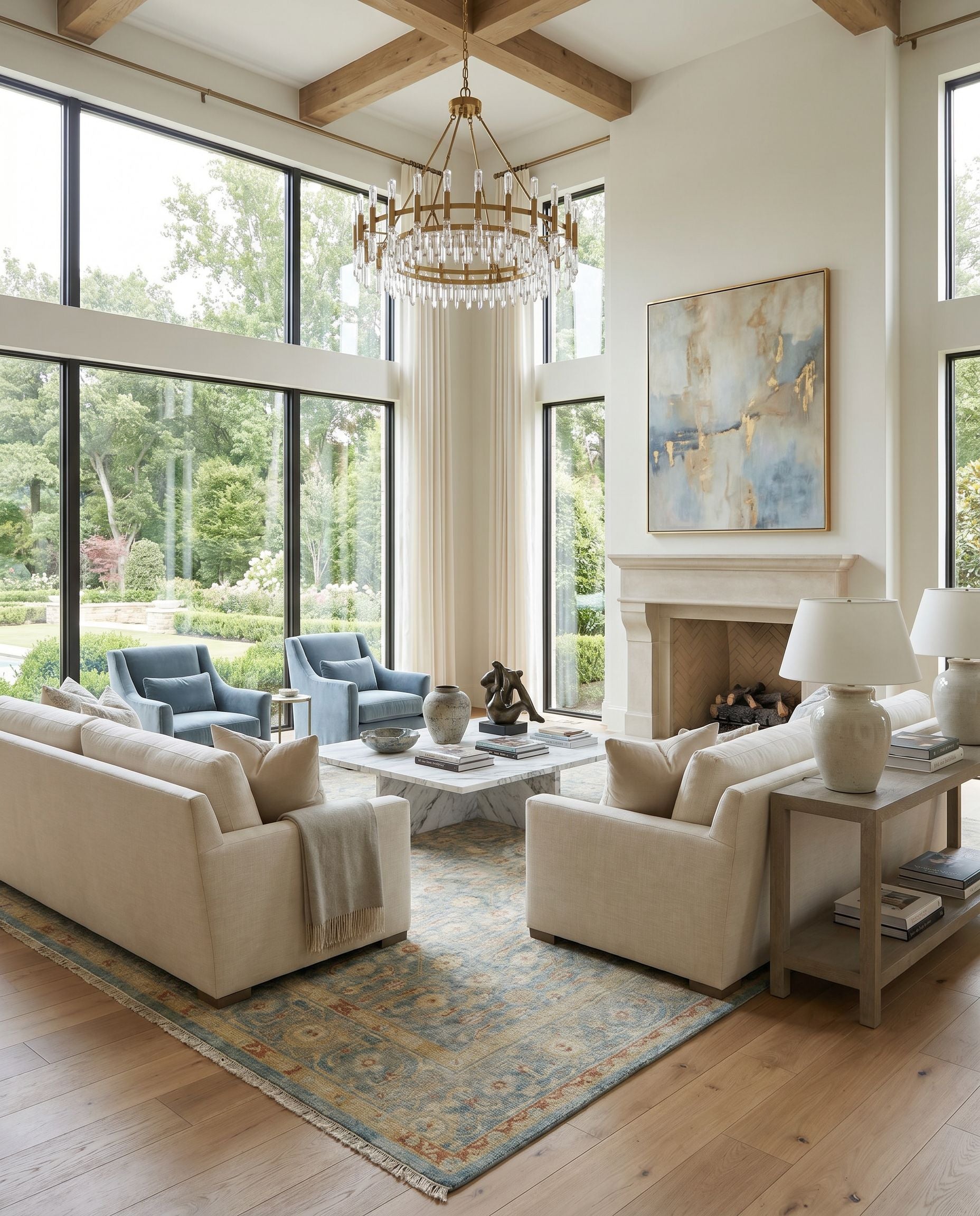Hamadan HAM-2302 Hand Knotted Rug styled in an elegant designer living room — hand knotted traditional area rug in seafoam, rust, mustard and gray tones