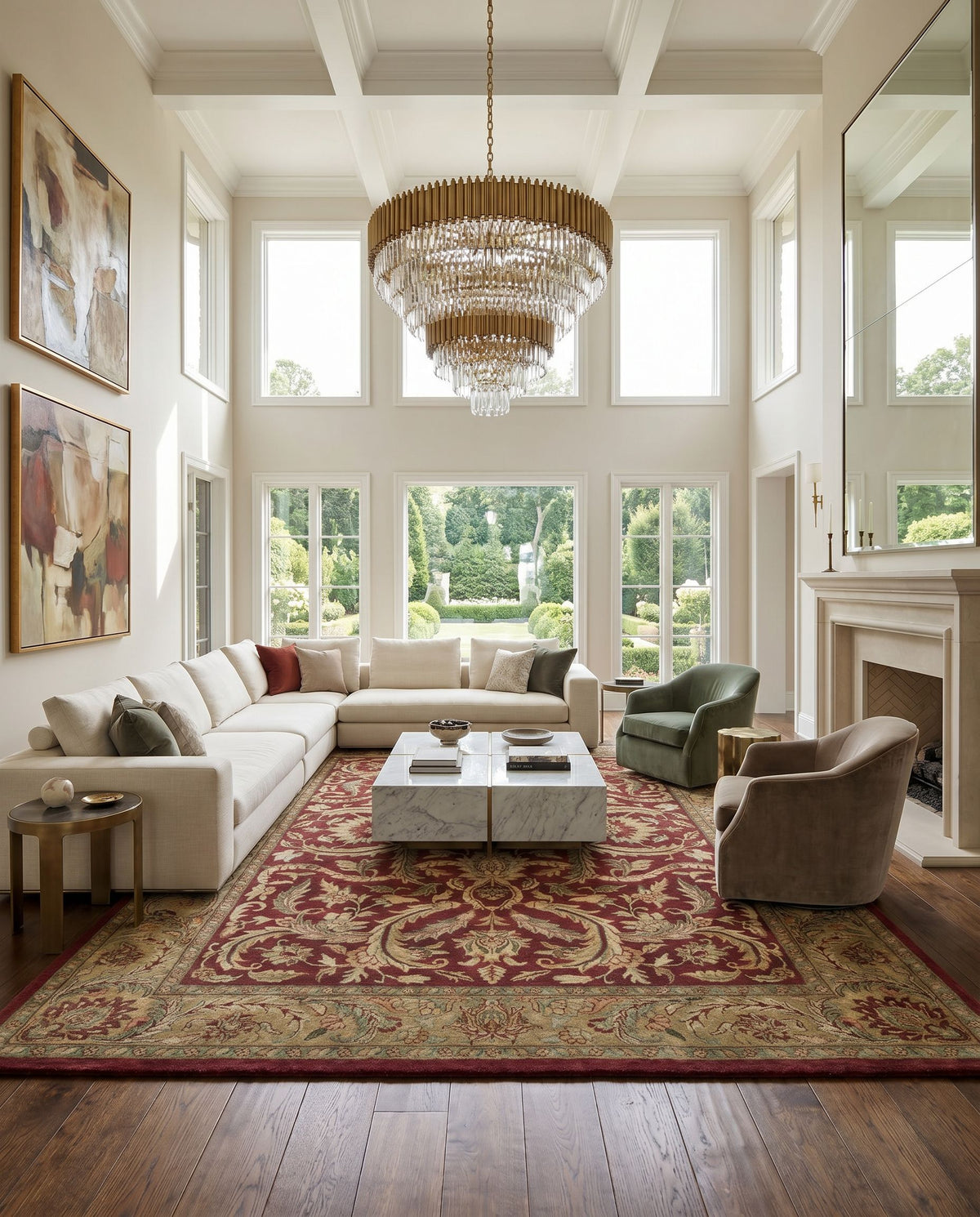 Taj Mahal TJ-59 Hand Knotted Rug styled in an elegant designer living room — hand knotted traditional area rug in multicolor tones