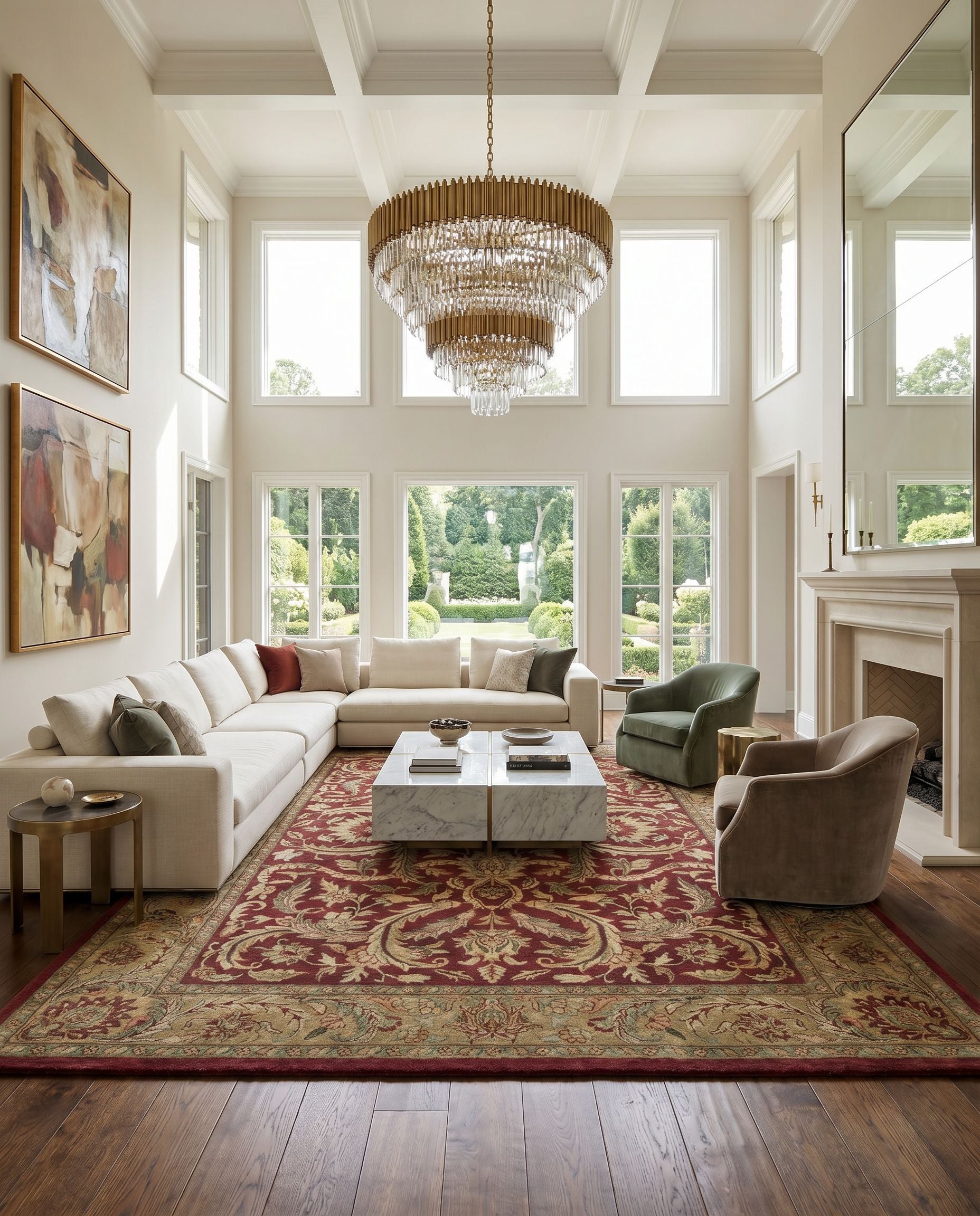 Taj Mahal TJ-59 Hand Knotted Rug styled in an elegant designer living room — hand knotted traditional area rug in multicolor tones