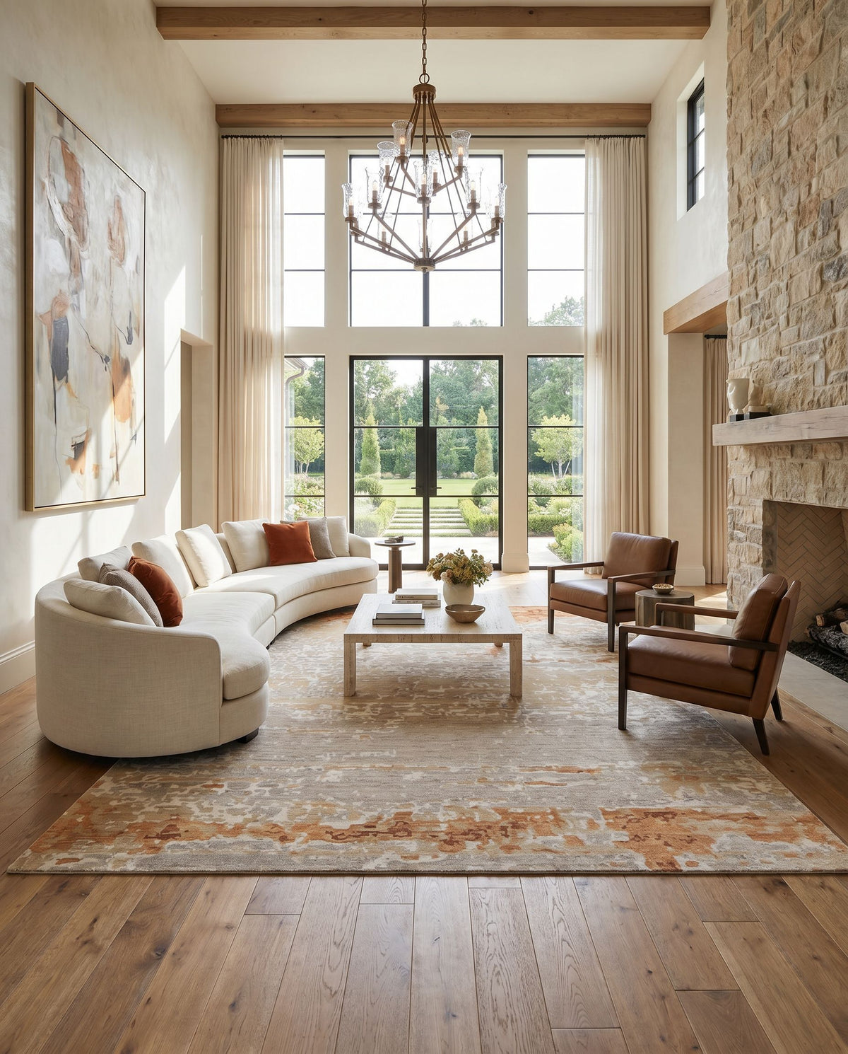 Ephemeral EPH-1001 Hand Knotted Rug styled in an elegant designer living room — hand knotted modern area rug in rust, camel, tan and light gray tones
