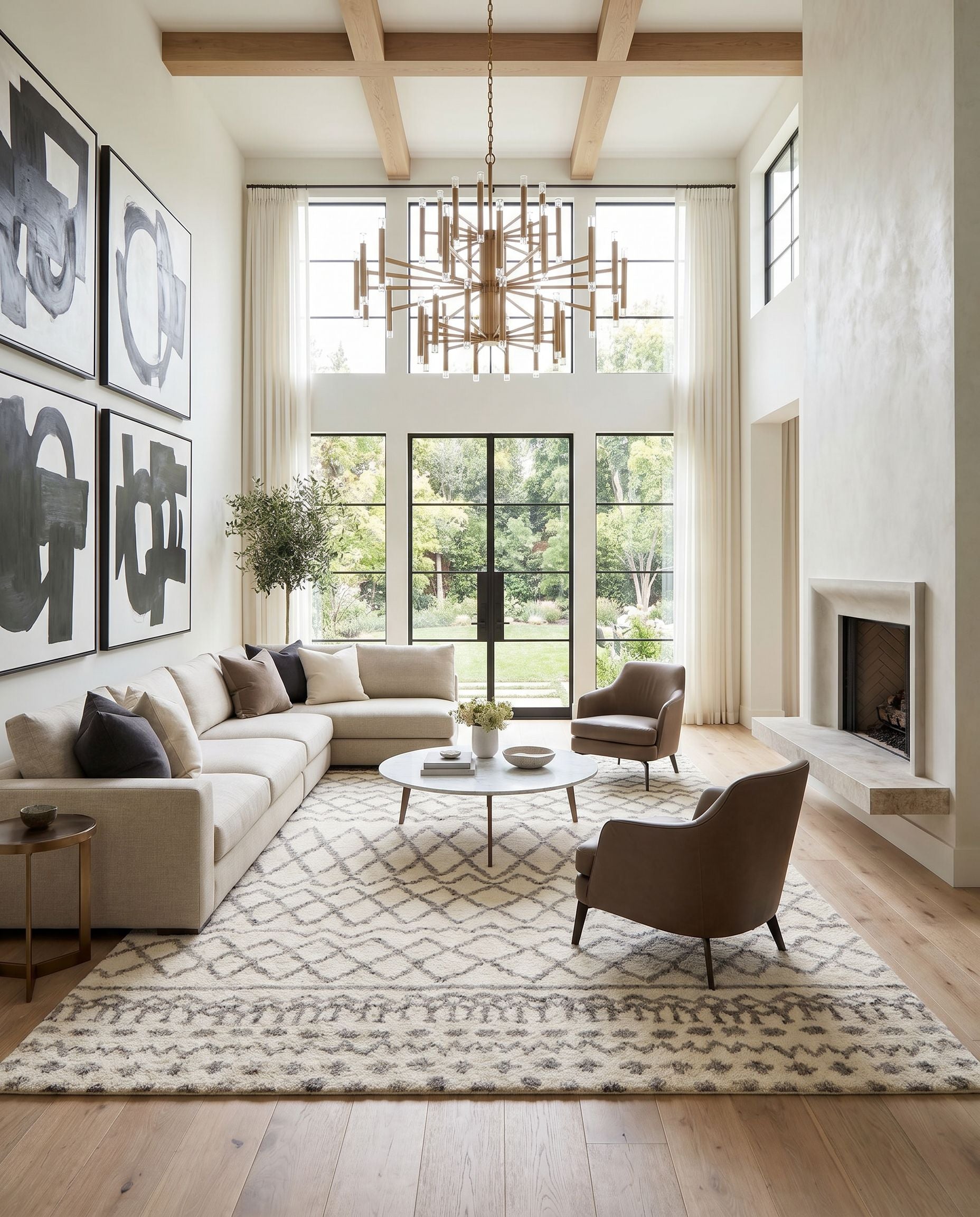 Fez FEZ-2301 Hand Knotted Rug styled in an elegant designer living room — hand knotted global area rug in ivory and taupe tones