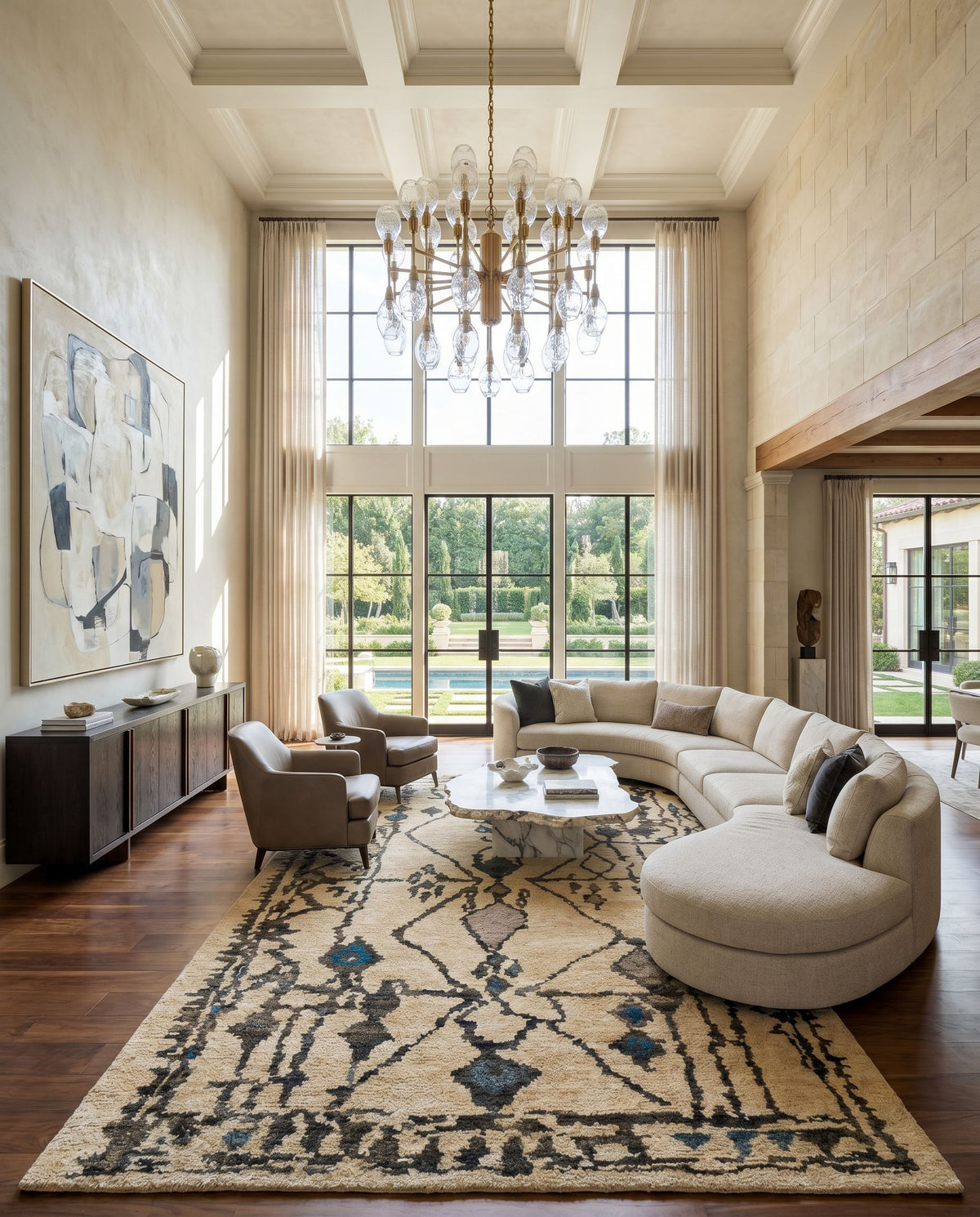 Medina MED-1112 Hand Knotted Rug styled in an elegant designer living room — hand knotted global area rug in aqua, beige, tan and taupe tones