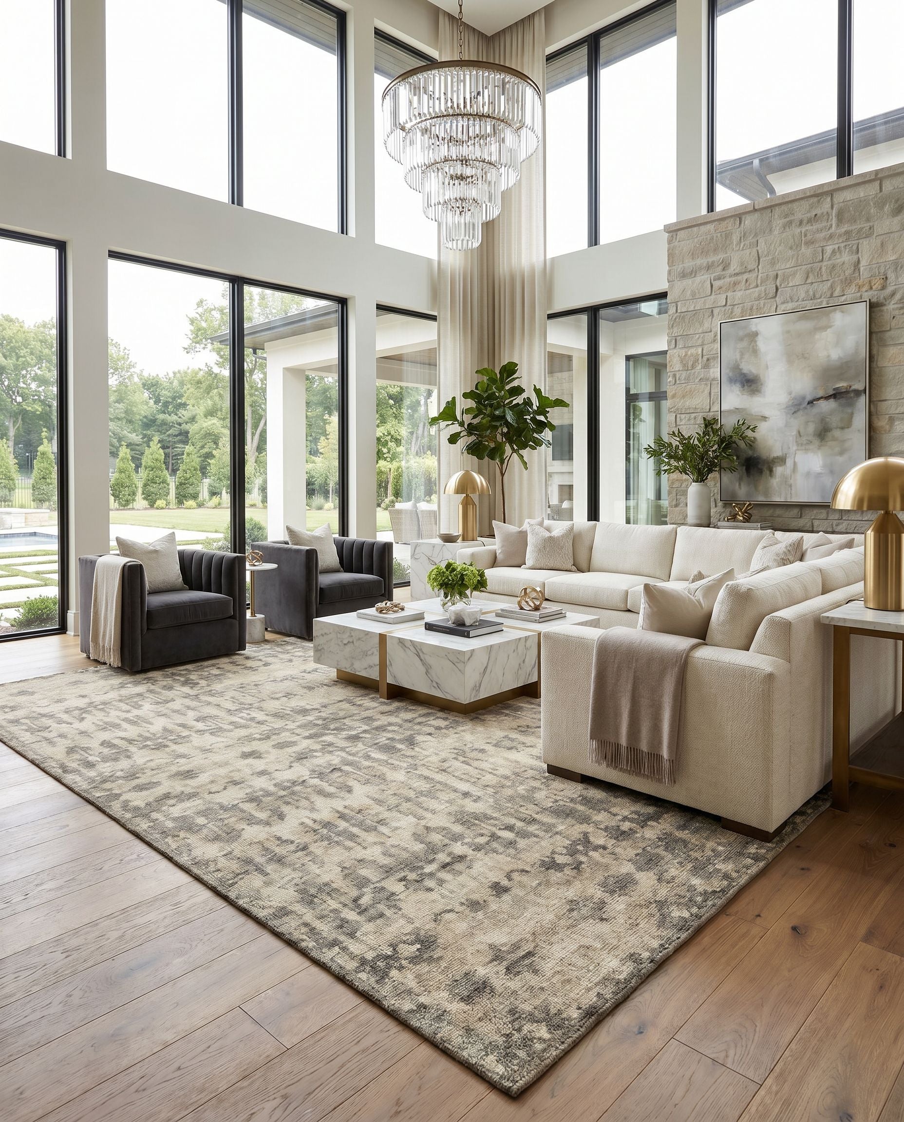 Biscayne BSY-2309 Hand Knotted Rug styled in an elegant designer living room — hand knotted modern area rug in ivory, medium gray, dusty sage and sage tones