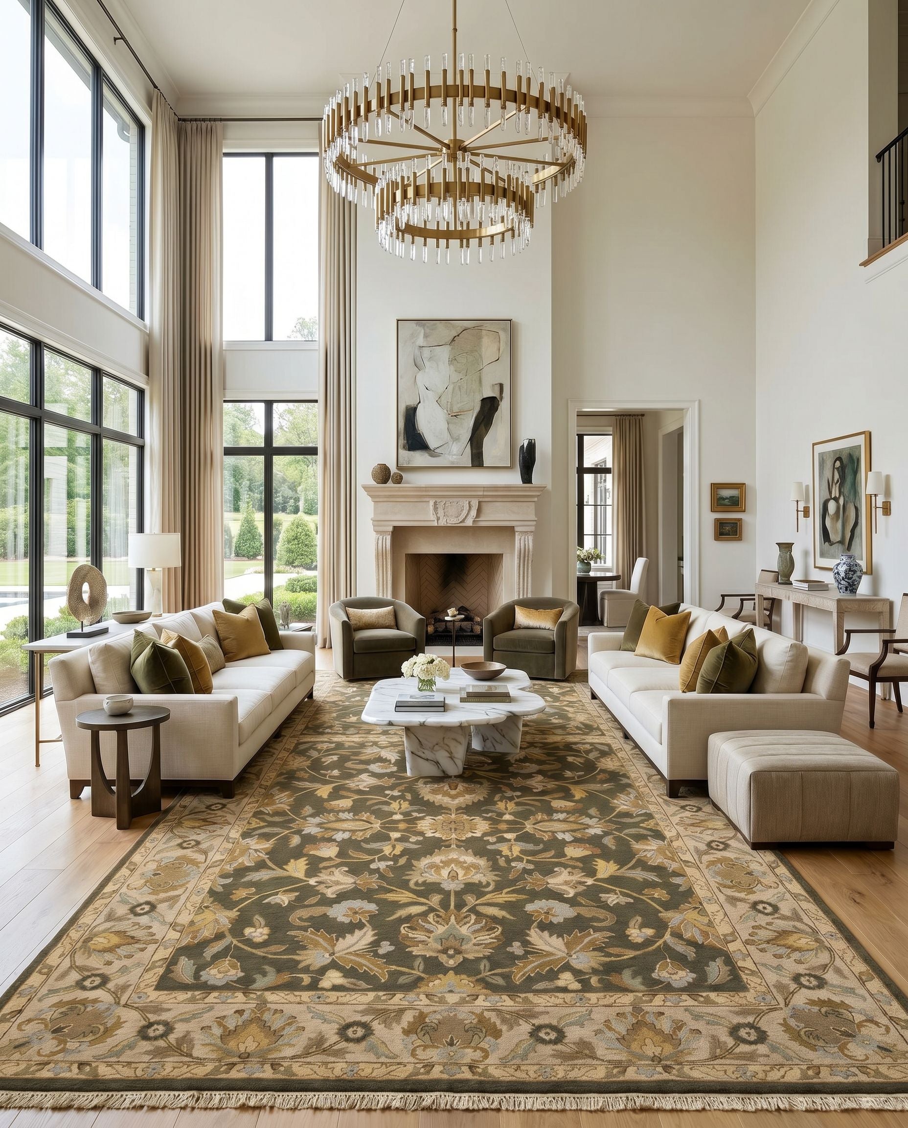 Soumek SMK-74 Hand Knotted Rug styled in an elegant designer living room — hand knotted traditional area rug in tan, beige, olive and dark brown tones
