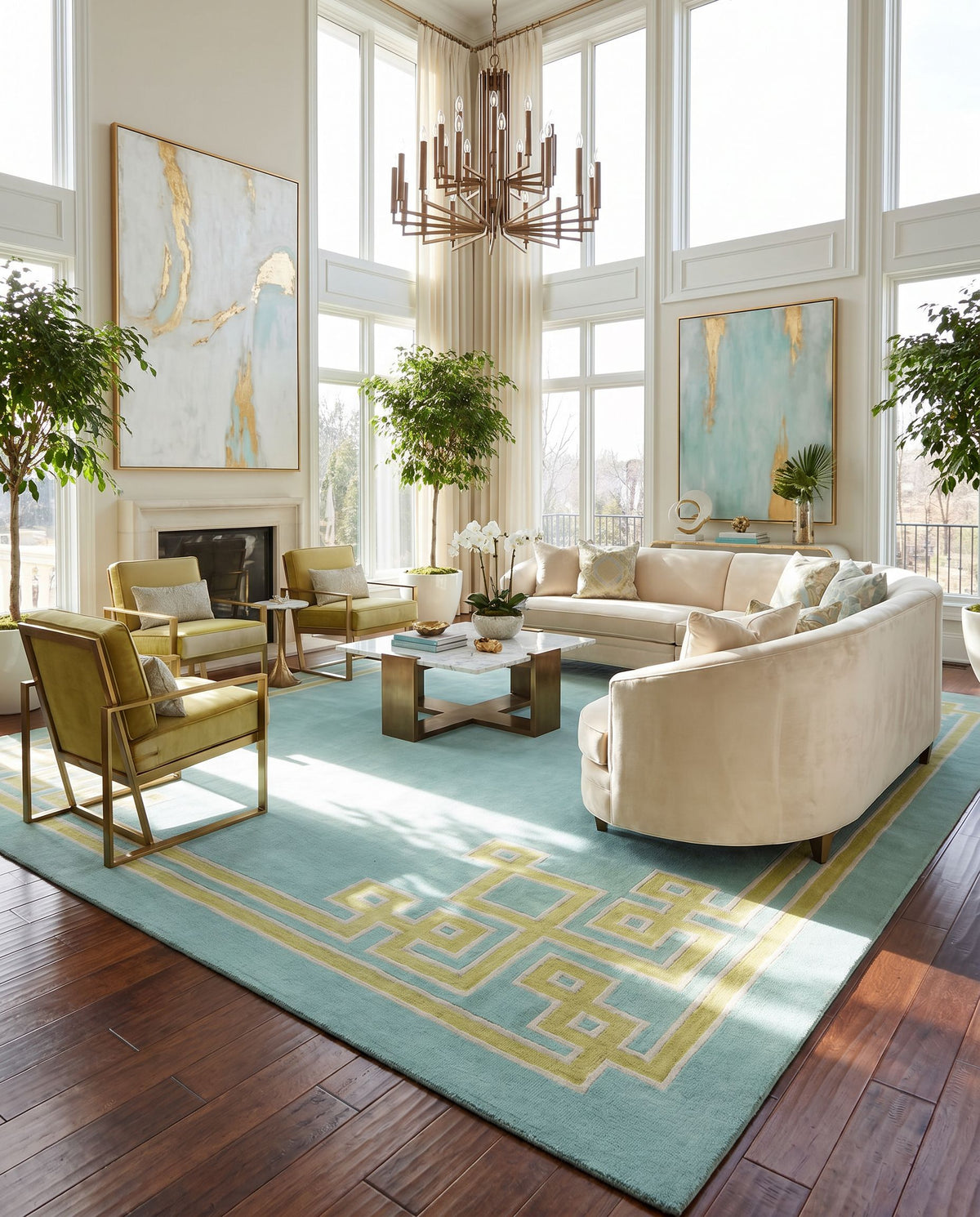 Alameda AMD-1010 Hand Woven Rug styled in an elegant designer living room — hand woven modern area rug in aqua, light olive and light gray tones