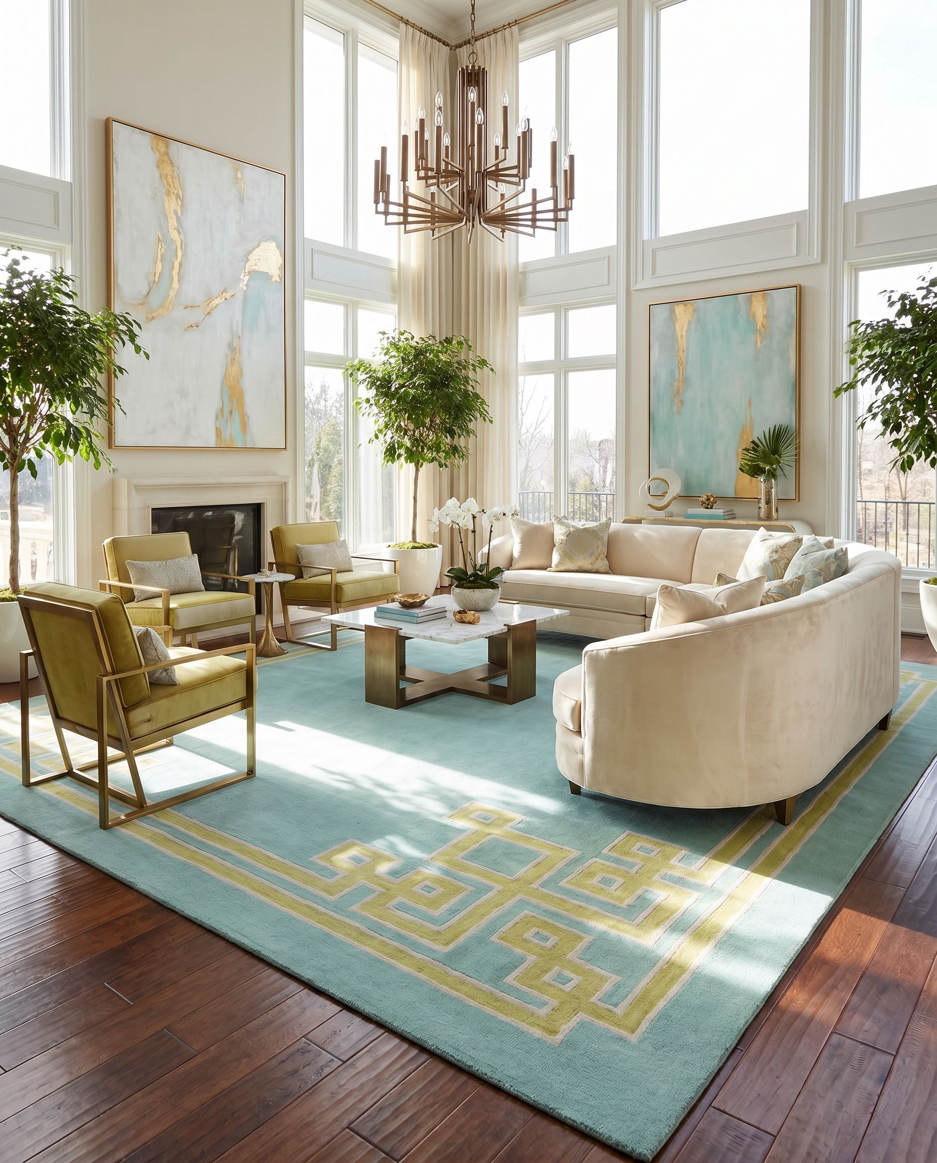 Alameda AMD-1010 Hand Woven Rug styled in an elegant designer living room — hand woven modern area rug in aqua, light olive and light gray tones