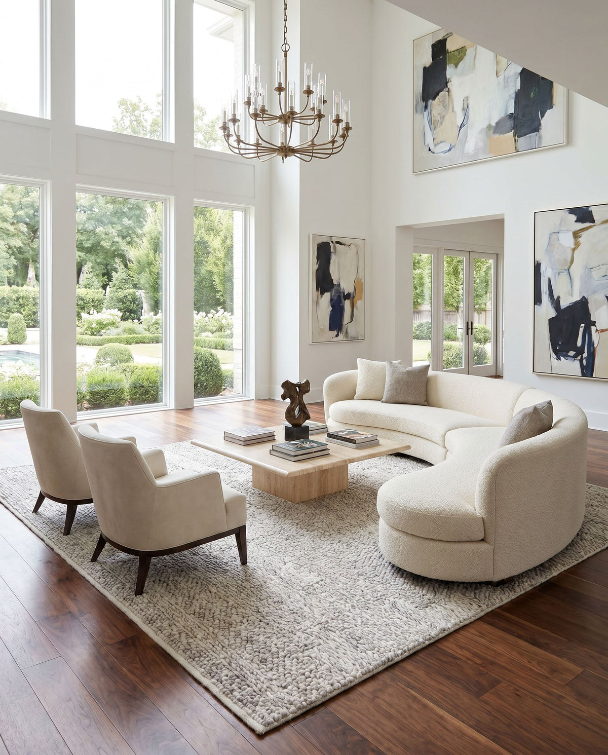 Vesta VST-2300 Hand Woven Rug styled in an elegant designer living room — hand woven modern area rug in light gray and dark brown tones