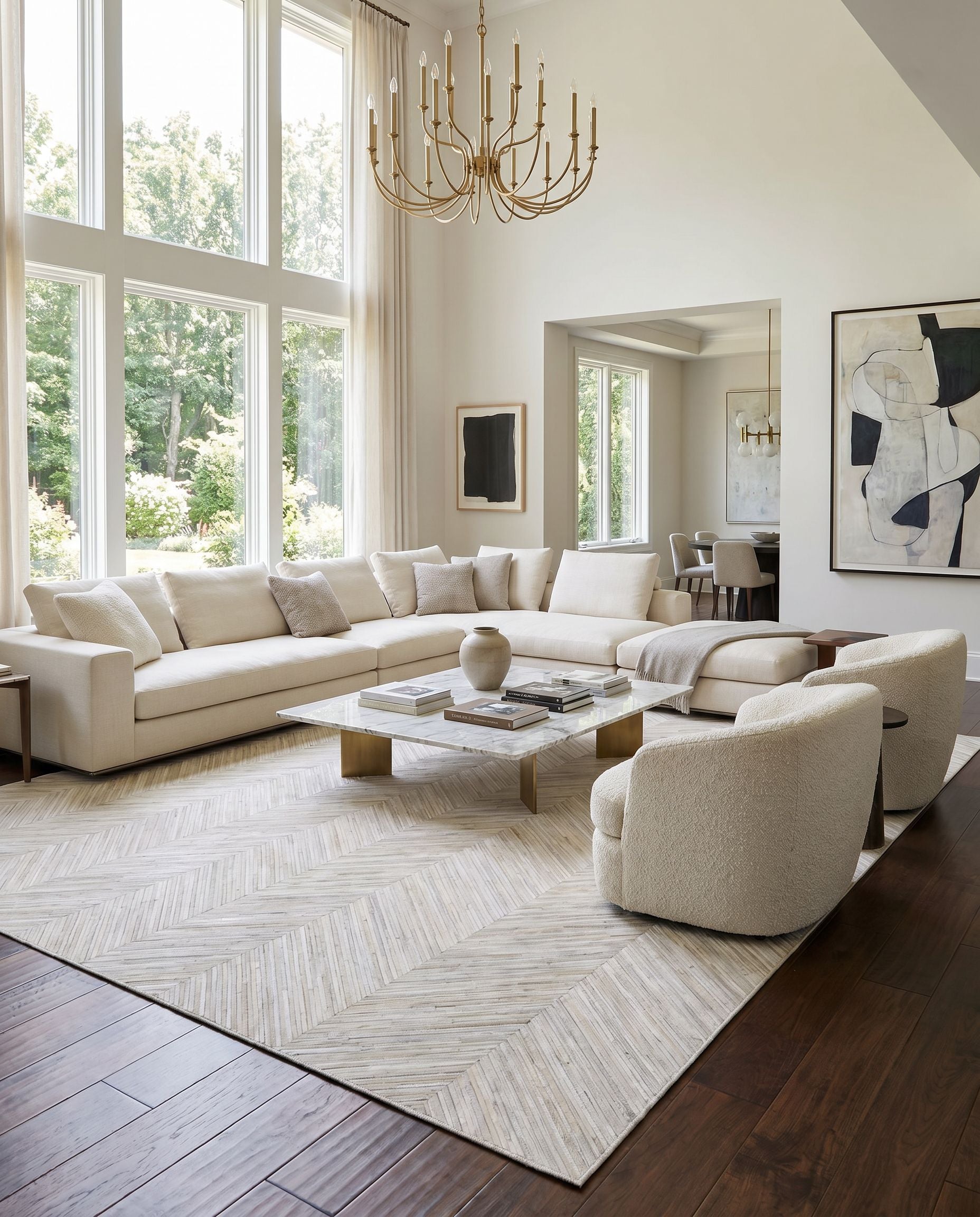 Zander ZND-1001 Hand Crafted Rug styled in an elegant designer living room — hand crafted modern area rug in cream, medium gray and brown tones