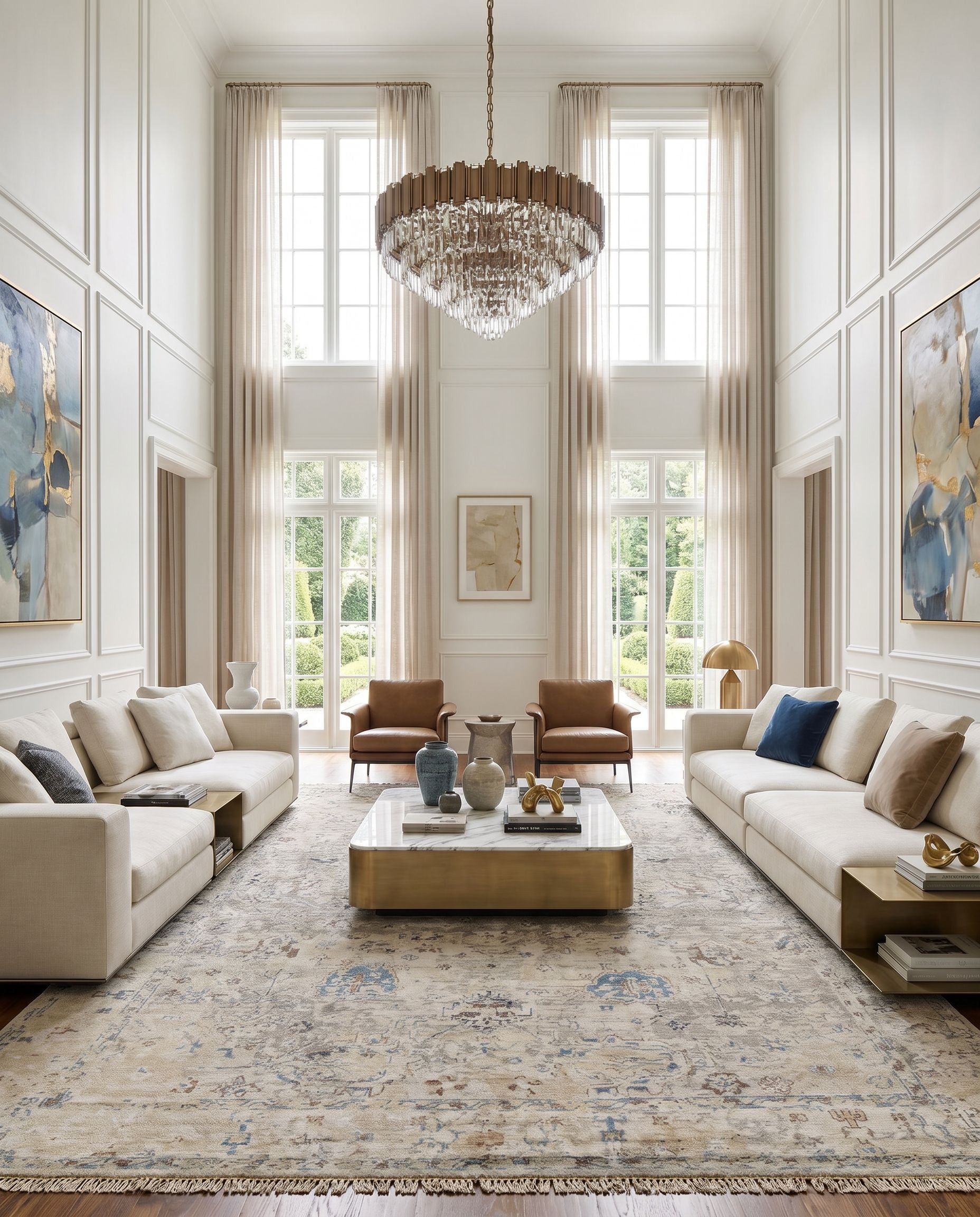 Theodora THO-3008 Hand Knotted Rug styled in an elegant designer living room — hand knotted traditional area rug in denim, sky blue, brown and charcoal tones