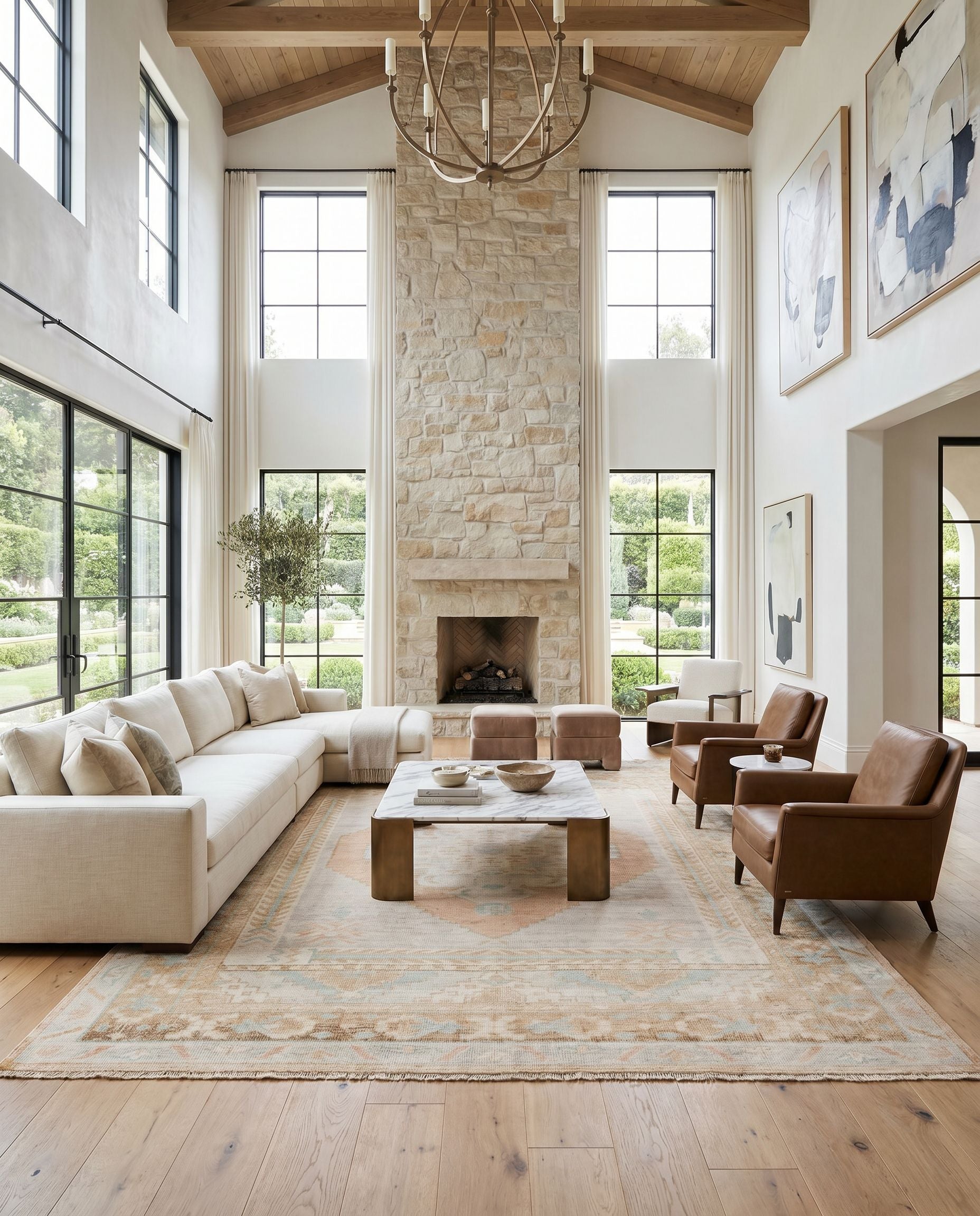 Anadolu AAU-2306 Hand Knotted Rug styled in an elegant designer living room — hand knotted traditional area rug in seafoam, beige, pale blue and light blue tones