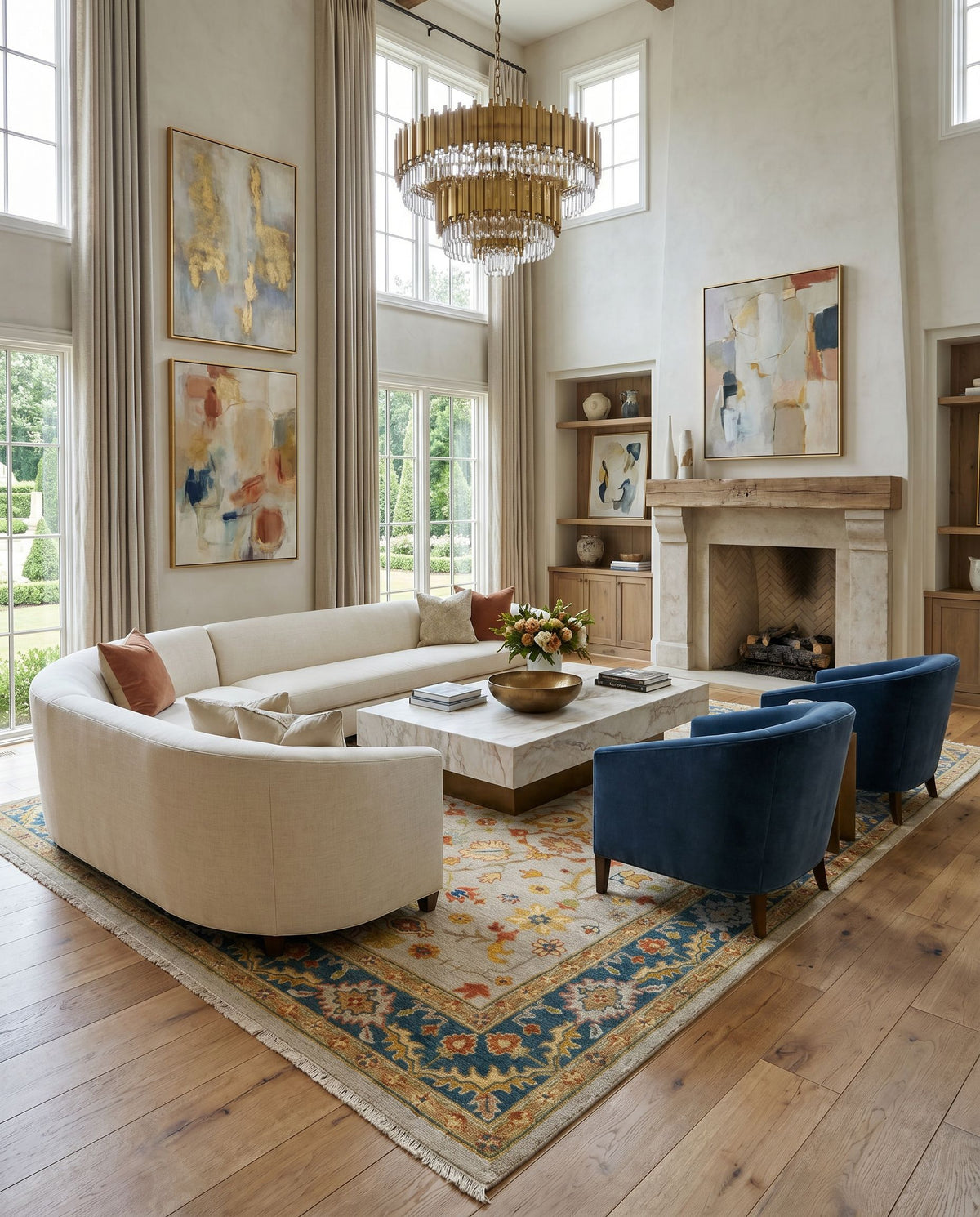 Soumek SMK-103 Hand Knotted Rug styled in an elegant designer living room — hand knotted traditional area rug in teal, burnt orange, mustard and ice blue tones