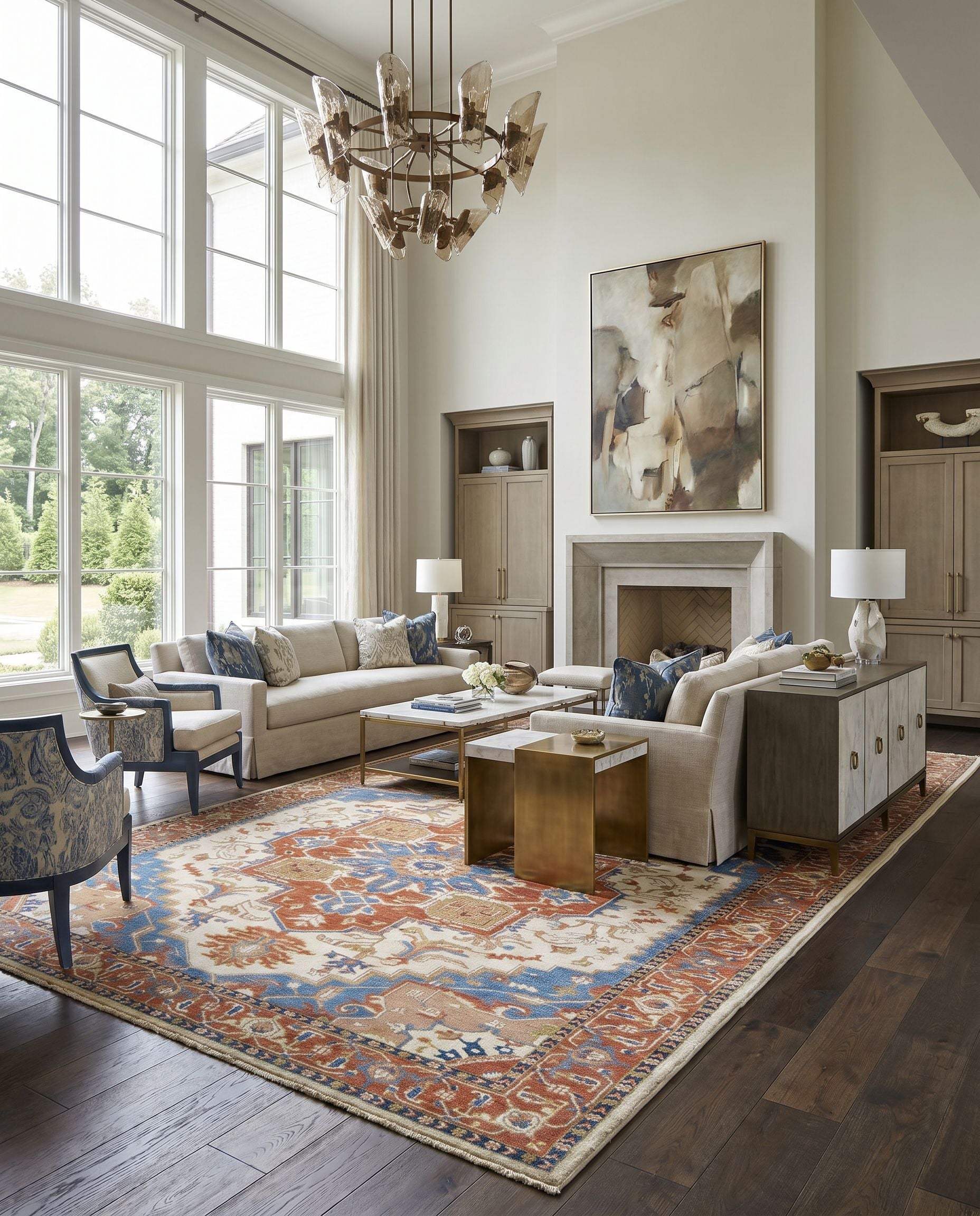 Zeus ZEU-8002 Hand Knotted Rug styled in an elegant designer living room — hand knotted traditional area rug in burnt orange, blue and tan tones