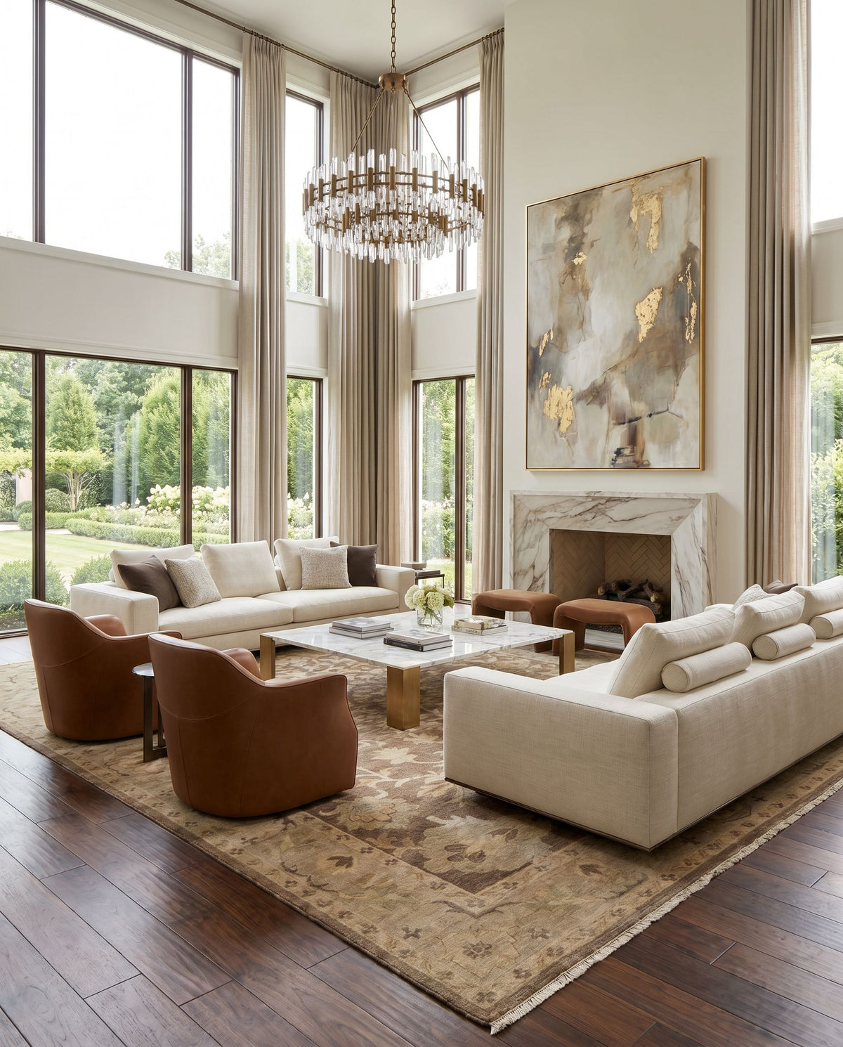 Hillcrest HIL-9011 Hand Knotted Rug styled in an elegant designer living room — hand knotted traditional area rug in ivory, medium gray, charcoal and tan tones