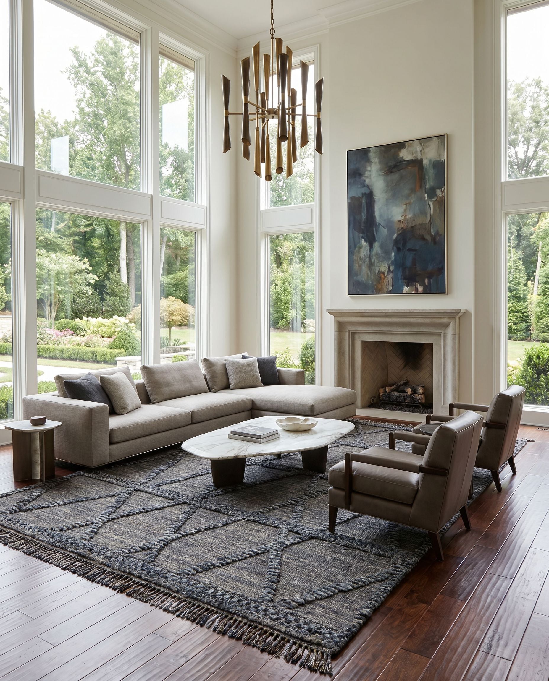 Cadiz CDZ-2302 Hand Knotted Rug styled in an elegant designer living room — hand knotted global area rug in black, gray, charcoal and dark brown tones