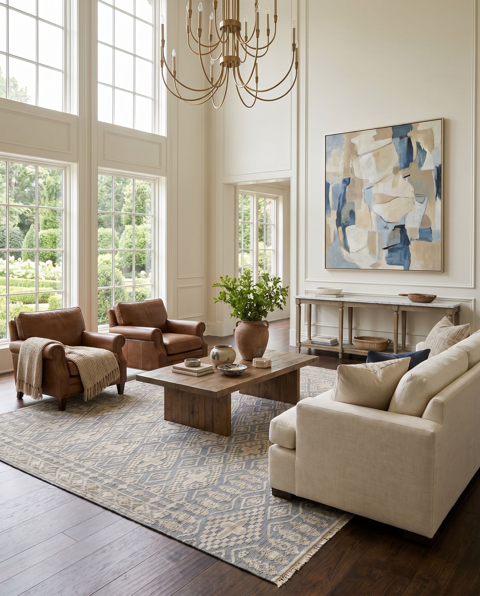 Nobility NBI-2304 Hand Knotted Rug styled in an elegant designer living room — hand knotted traditional area rug in gray, beige and brown tones