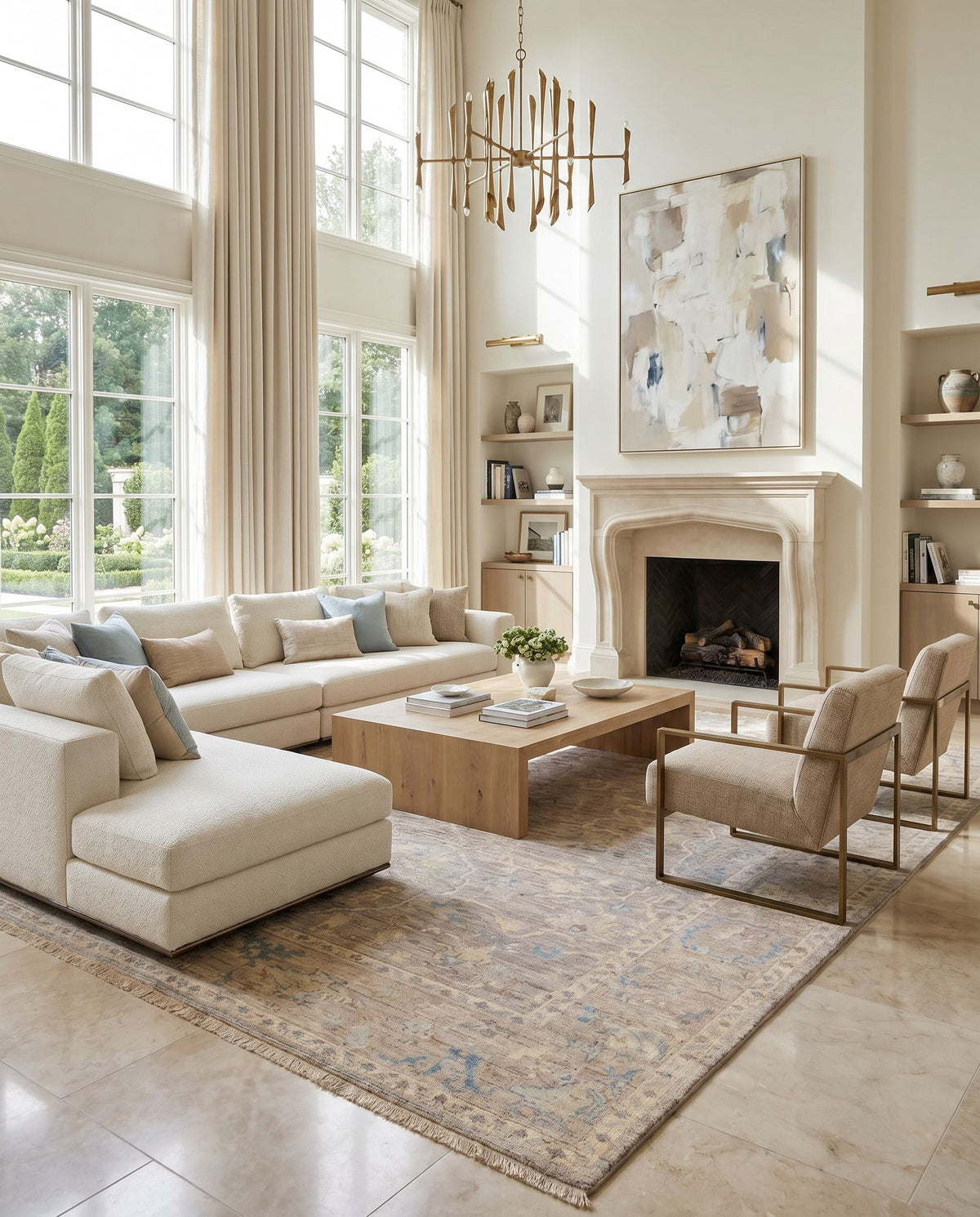 Reign REG-2322 Hand Knotted Rug styled in an elegant designer living room — hand knotted traditional area rug in light gray, beige, denim and medium brown tones