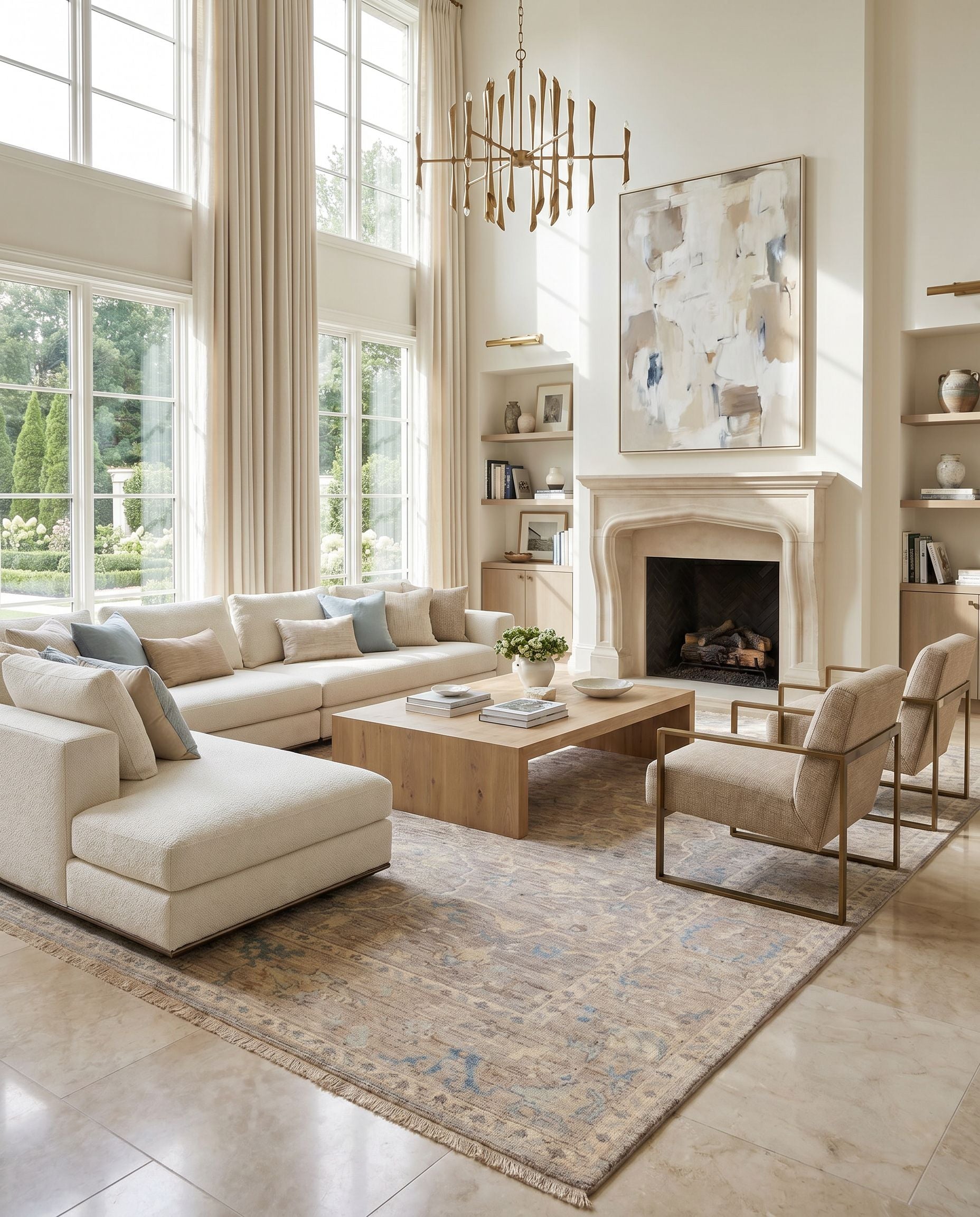Reign REG-2322 Hand Knotted Rug styled in an elegant designer living room — hand knotted traditional area rug in light gray, beige, denim and medium brown tones