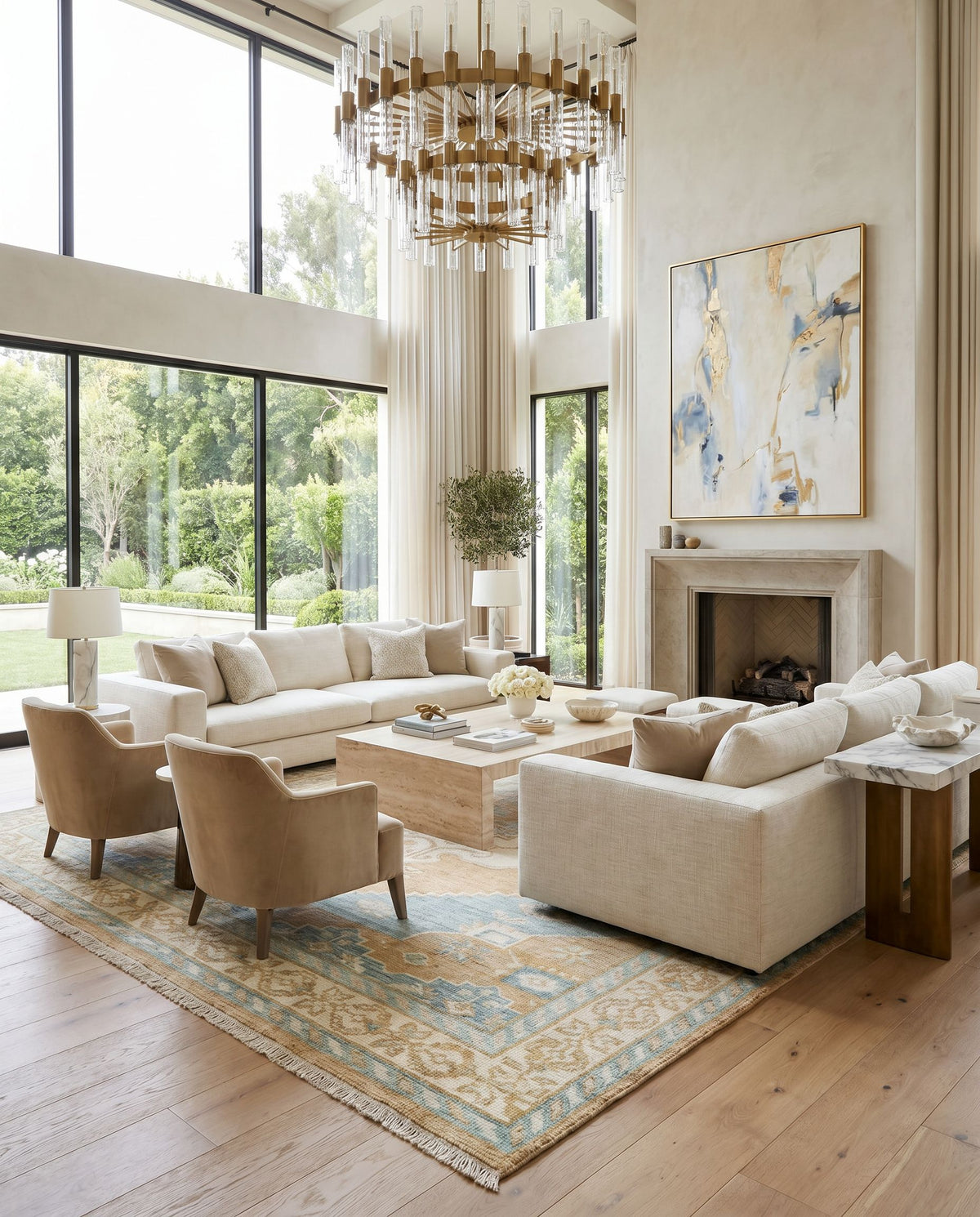 Anadolu AAU-2308 Hand Knotted Rug styled in an elegant designer living room — hand knotted traditional area rug in camel, tan, pale blue and blue tones