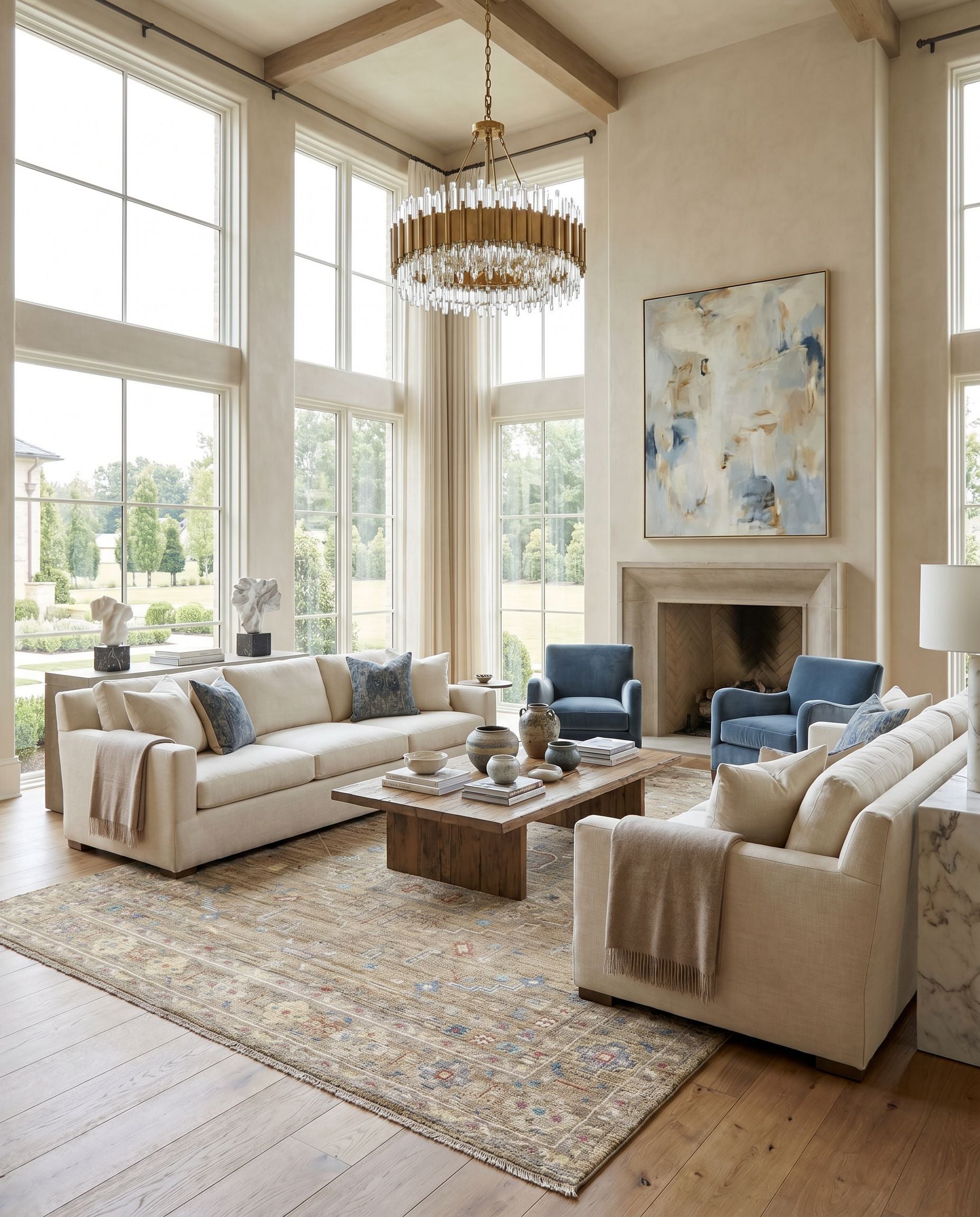 Kushal KUS-2307 Hand Knotted Rug styled in an elegant designer living room — hand knotted traditional area rug in light brown, brown, medium gray and tan tones