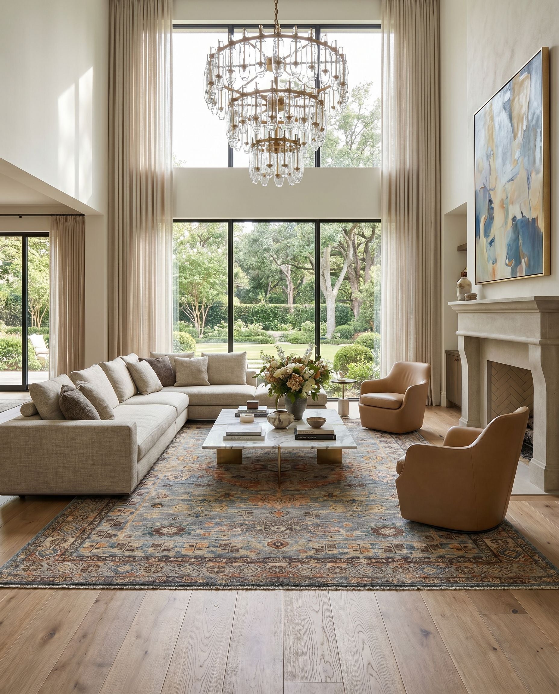 Cappadocia CPP-5028 Hand Knotted Rug styled in an elegant designer living room — hand knotted traditional area rug in sky blue, blue, sage and tan tones