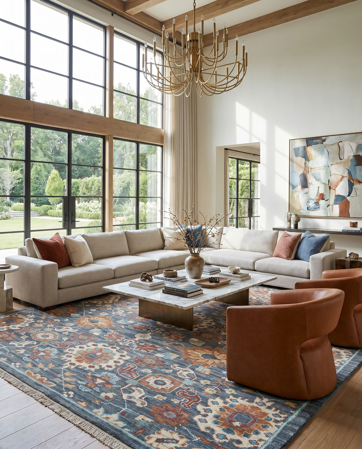 Elixir EXI-1006 Hand Knotted Rug styled in an elegant designer living room — hand knotted traditional area rug in dark green, camel, teal and cream tones