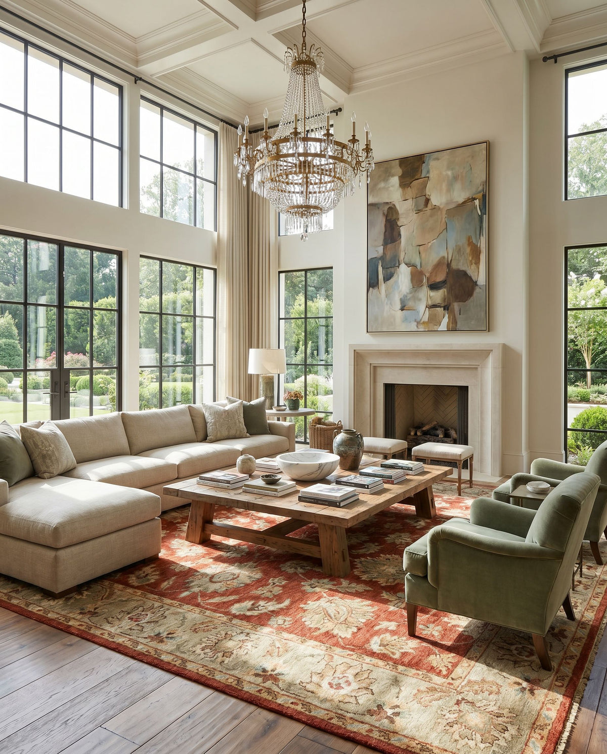 Estate EST-10500 Hand Knotted Rug styled in an elegant designer living room — hand knotted traditional area rug in olive, gray, tan and mauve tones