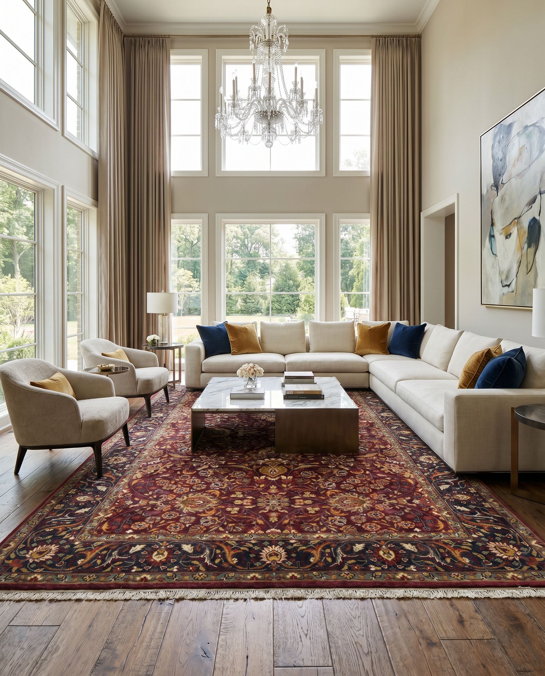 Taj Mahal TJ-6601 Hand Knotted Rug styled in an elegant designer living room — hand knotted traditional area rug in burgundy, sage, black and mustard tones