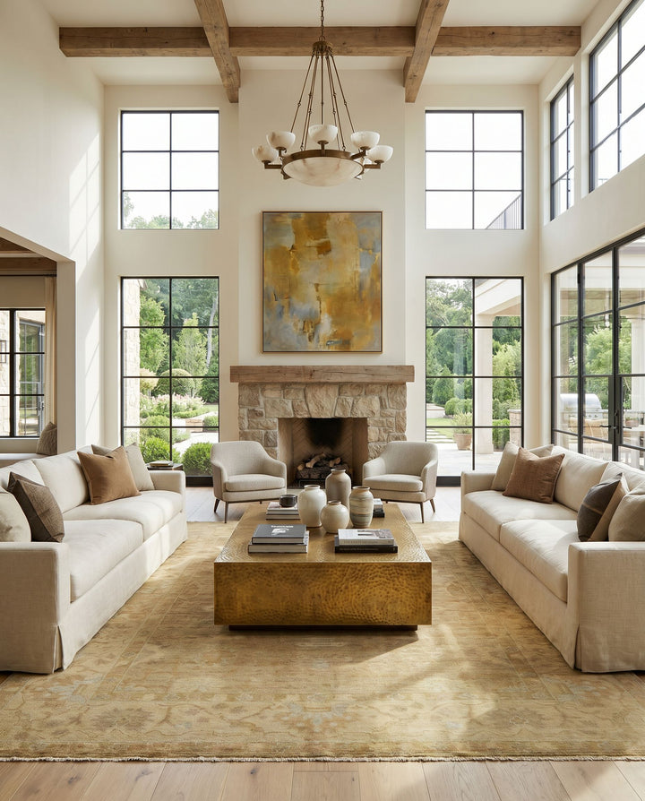 Antique ATQ-1001 Hand Knotted Rug styled in an elegant designer living room — hand knotted traditional area rug in mustard, tan, dusty pink and slate tones