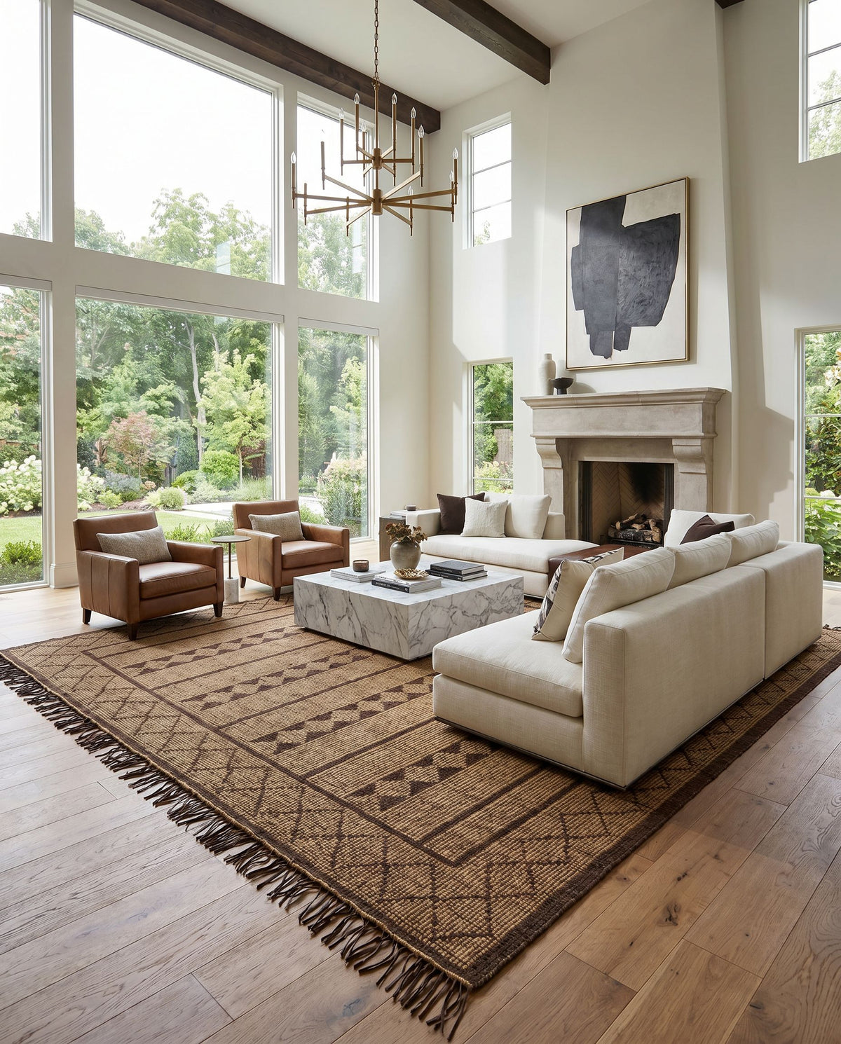 Touareg TOG-2300 Hand Woven Rug styled in an elegant designer living room — hand woven global area rug in tan, dark brown and charcoal tones