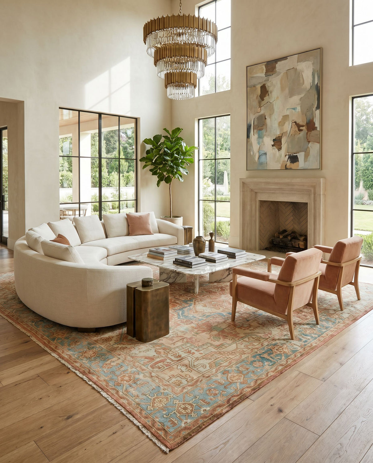 Hamadan HAM-2303 Hand Knotted Rug styled in an elegant designer living room — hand knotted traditional area rug in rust, dark blue, seafoam and saffron tones