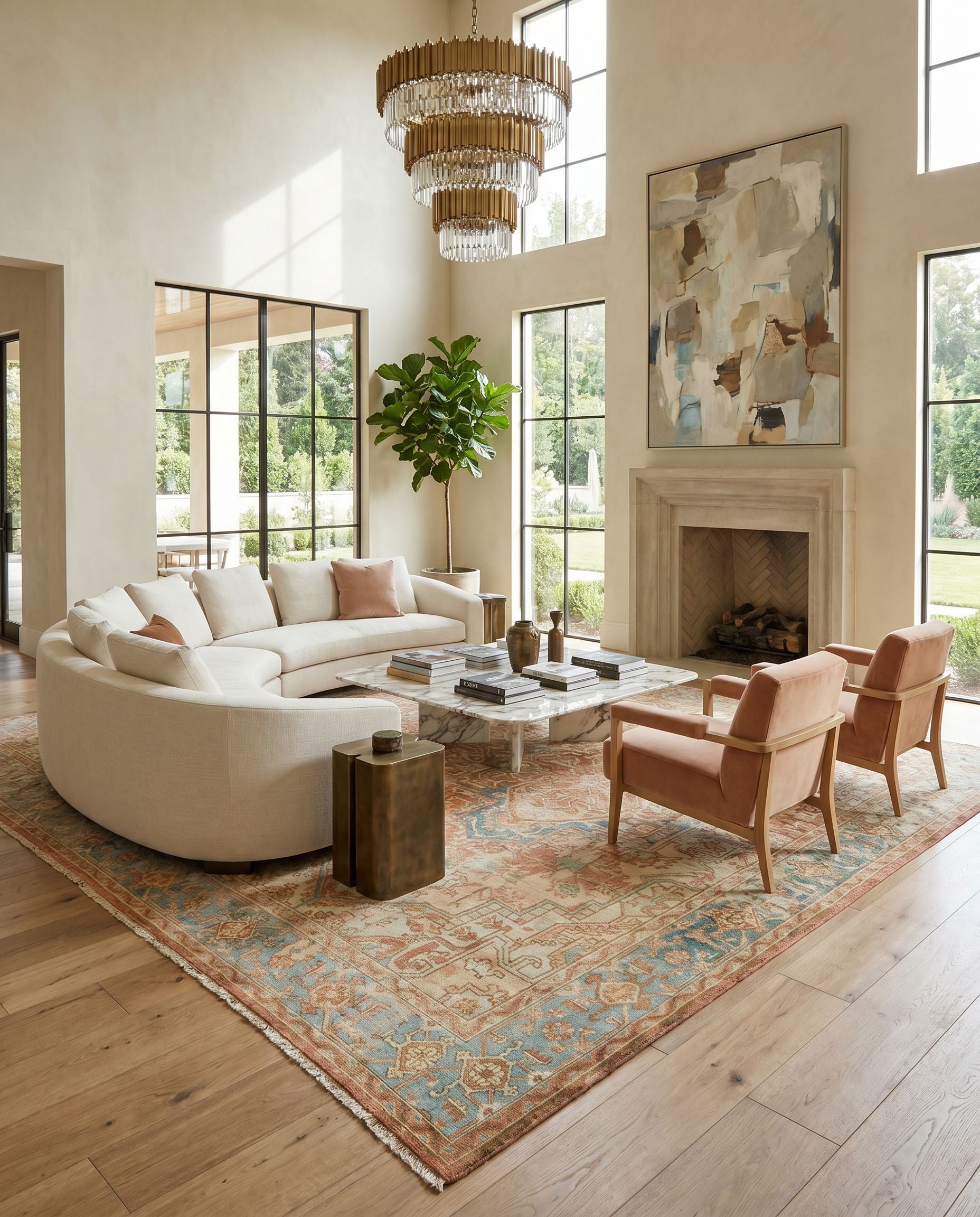 Hamadan HAM-2303 Hand Knotted Rug styled in an elegant designer living room — hand knotted traditional area rug in rust, dark blue, seafoam and saffron tones