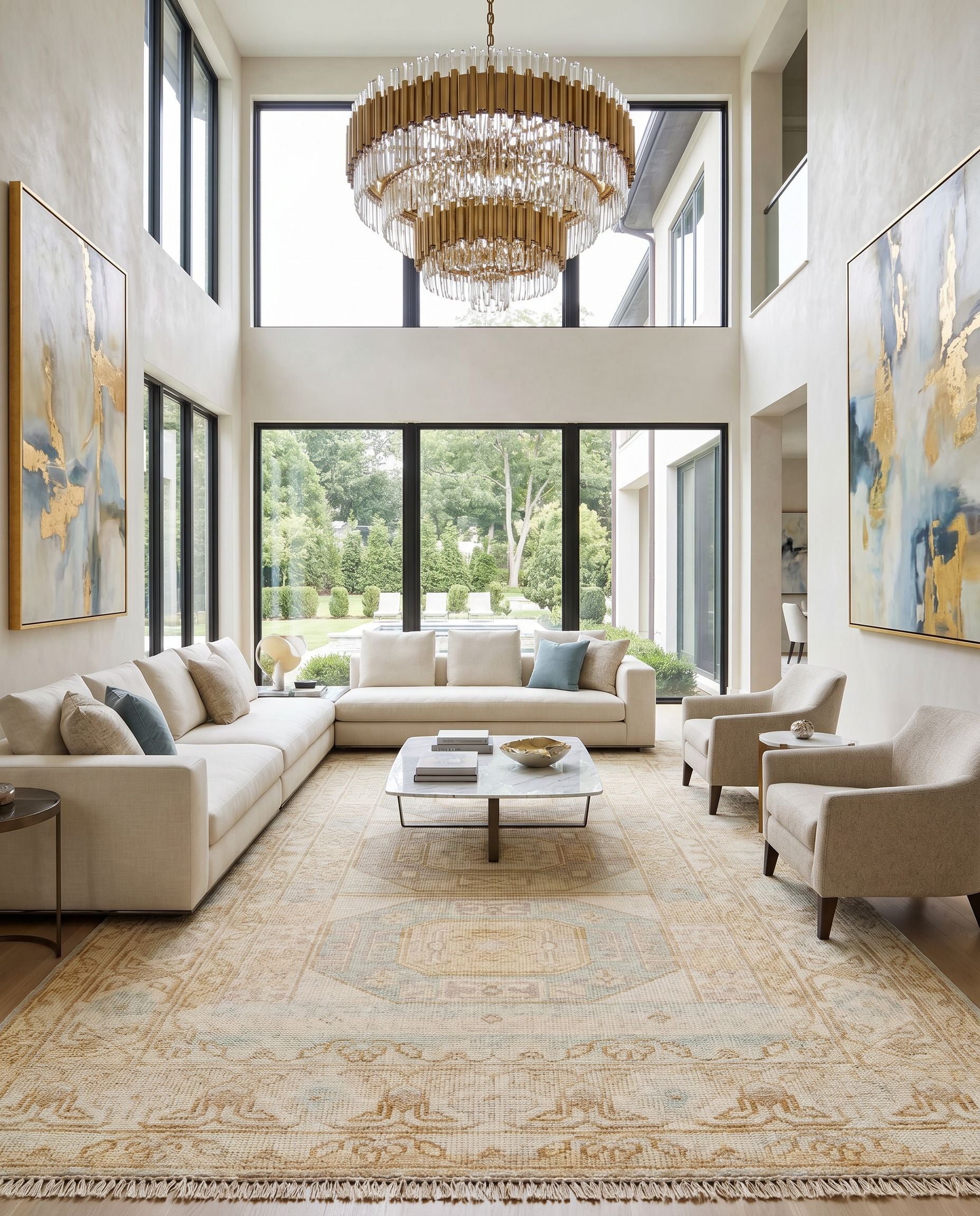 Anadolu AAU-2304 Hand Knotted Rug styled in an elegant designer living room — hand knotted traditional area rug in ice blue, dusty pink, light beige and mustard tones