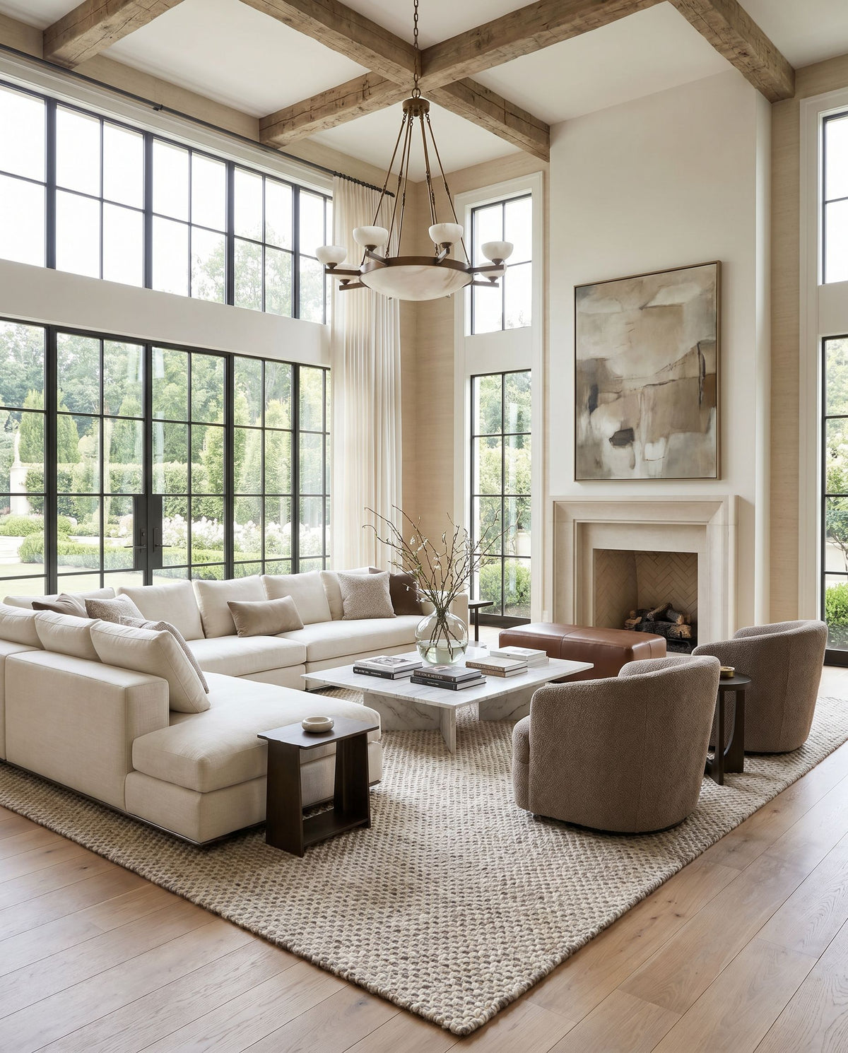 Telluride TEL-2300 Hand Woven Rug styled in an elegant designer living room — hand woven modern area rug in dark brown and cream tones