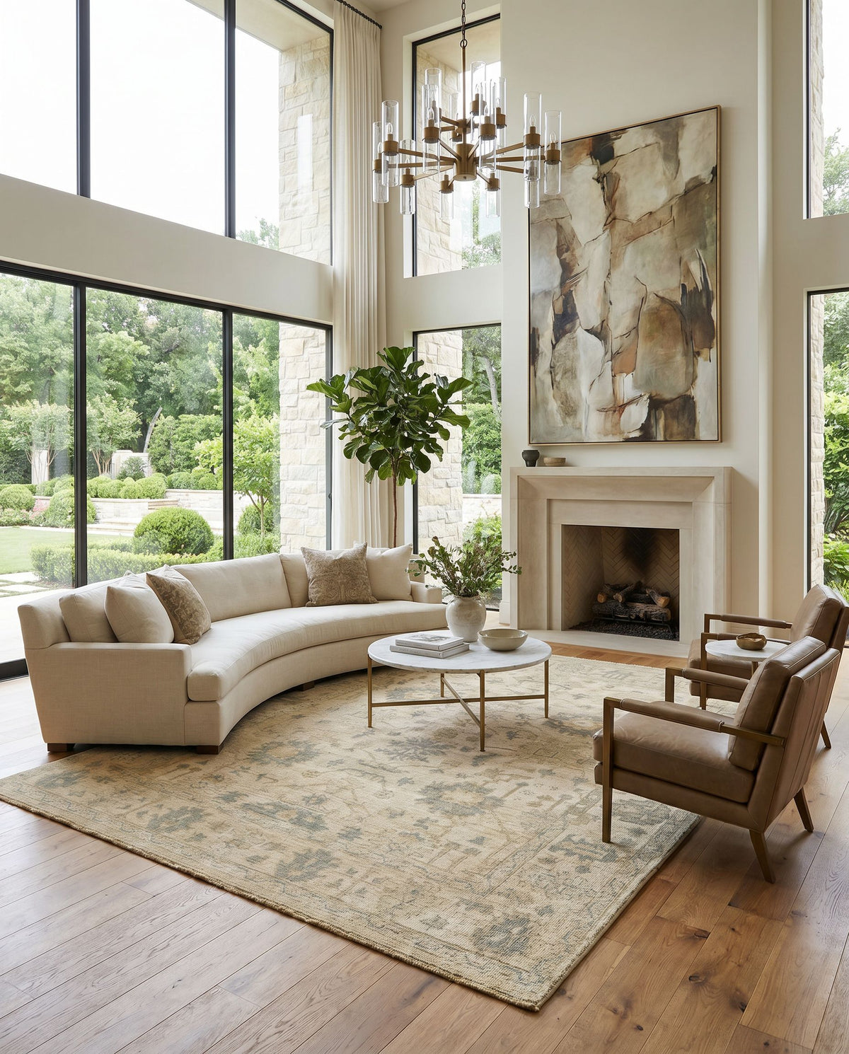 Reign REG-2307 Hand Knotted Rug styled in an elegant designer living room — hand knotted traditional area rug in sage, brown, light olive and light beige tones