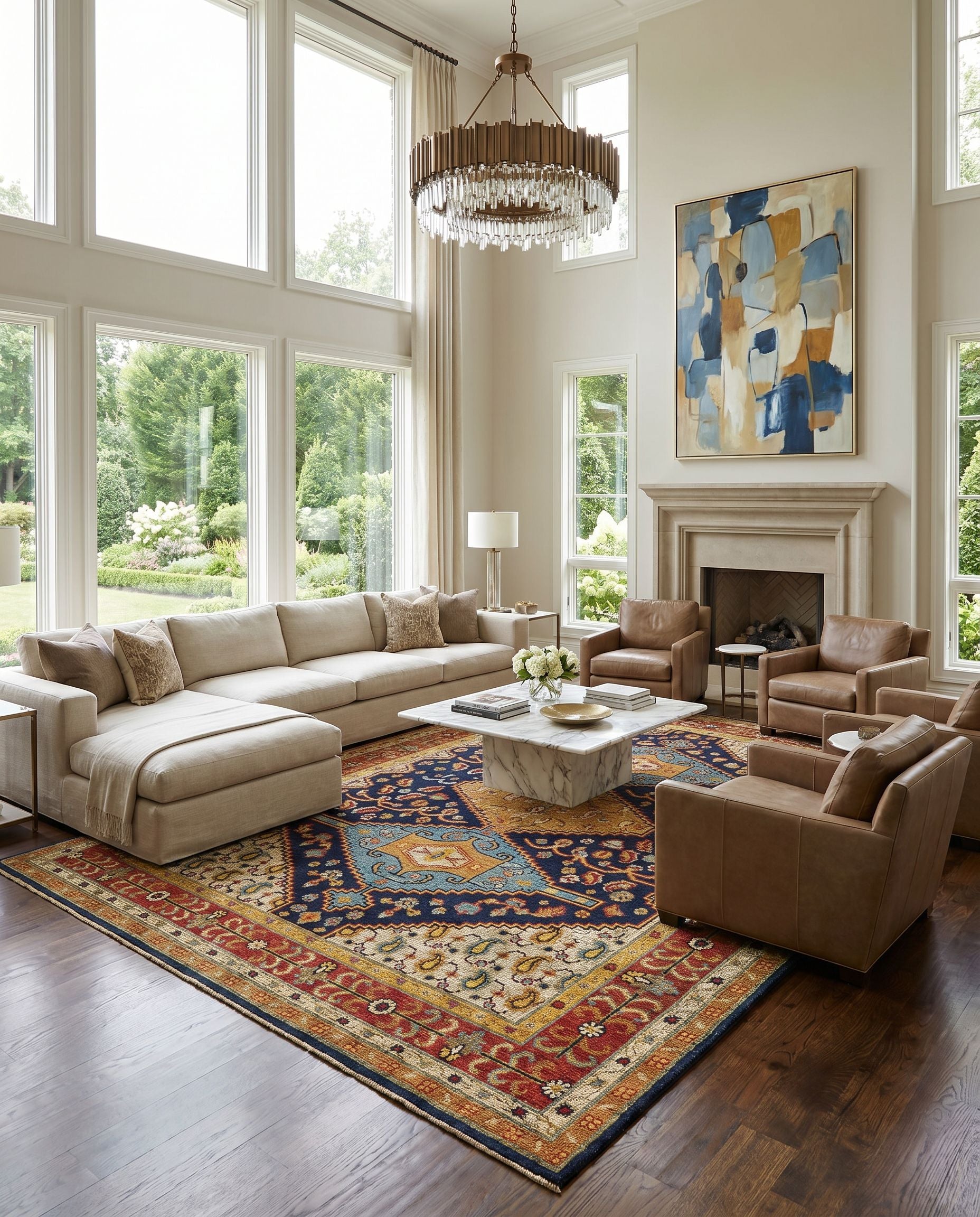 Reign REG-2300 Hand Knotted Rug styled in an elegant designer living room — hand knotted traditional area rug in navy, tan, beige and rust tones