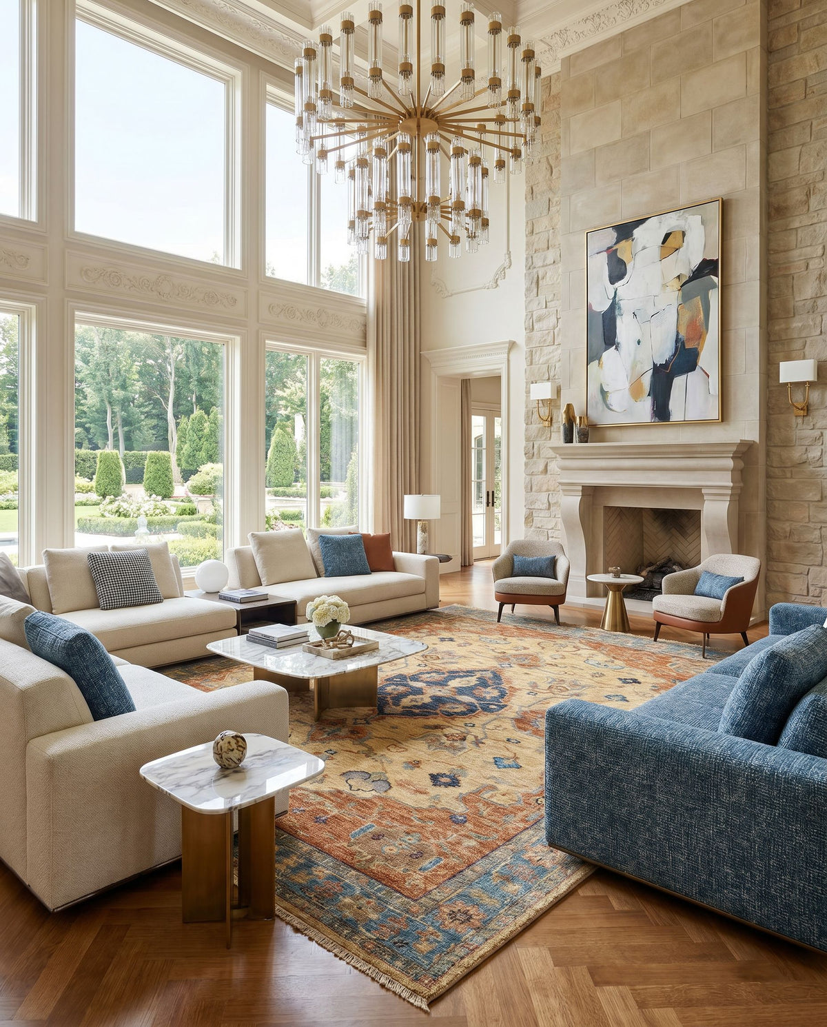 Biscayne BSY-2300 Hand Knotted Rug styled in an elegant designer living room — hand knotted traditional area rug in rust, aqua, ivory and grass green tones