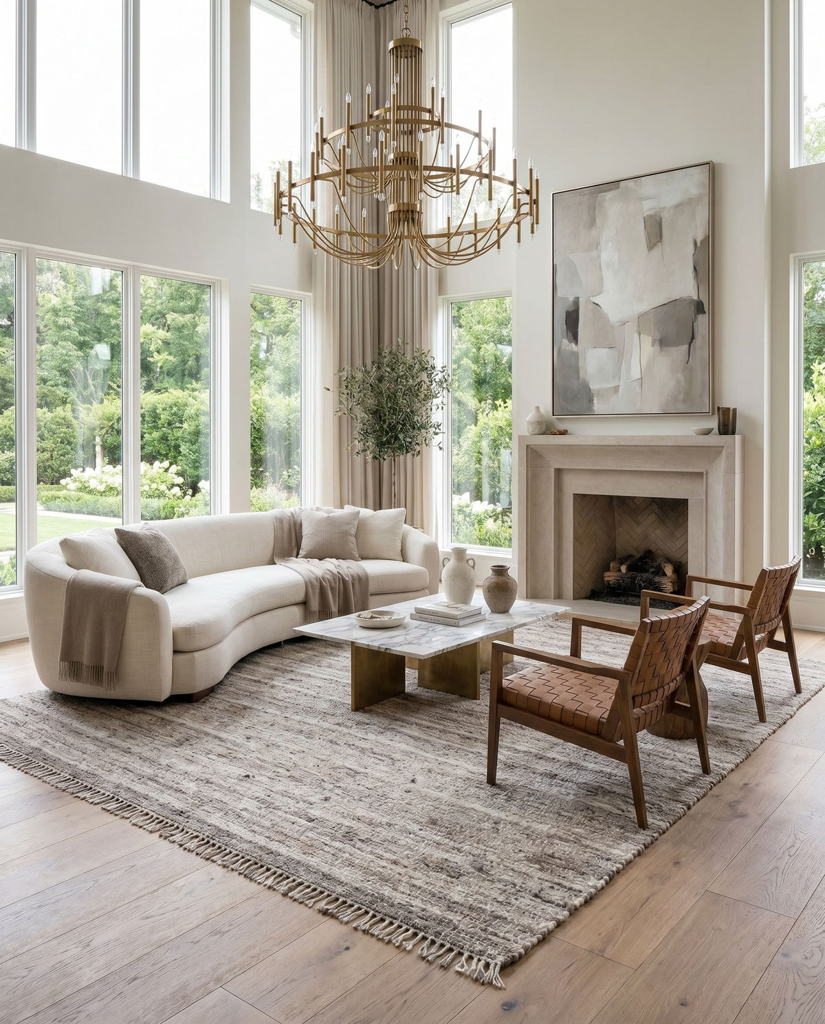 Florentina FLT-2300 Hand Woven Rug styled in an elegant designer living room — hand woven cottage area rug in gray, medium gray and light gray tones