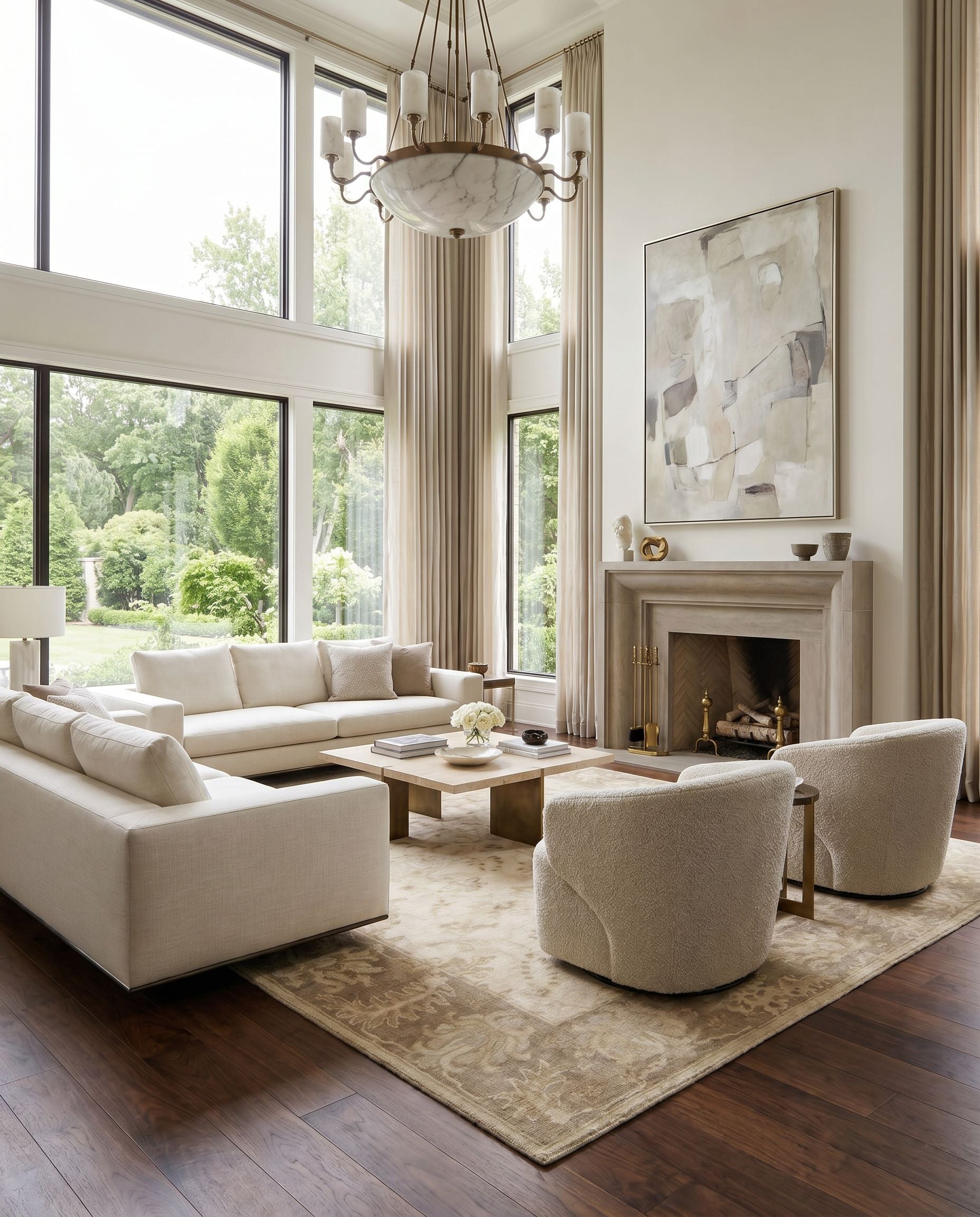 Ainsley AIN-1017 Hand Knotted Rug styled in an elegant designer living room — hand knotted traditional area rug in ice blue, light beige and wheat tones