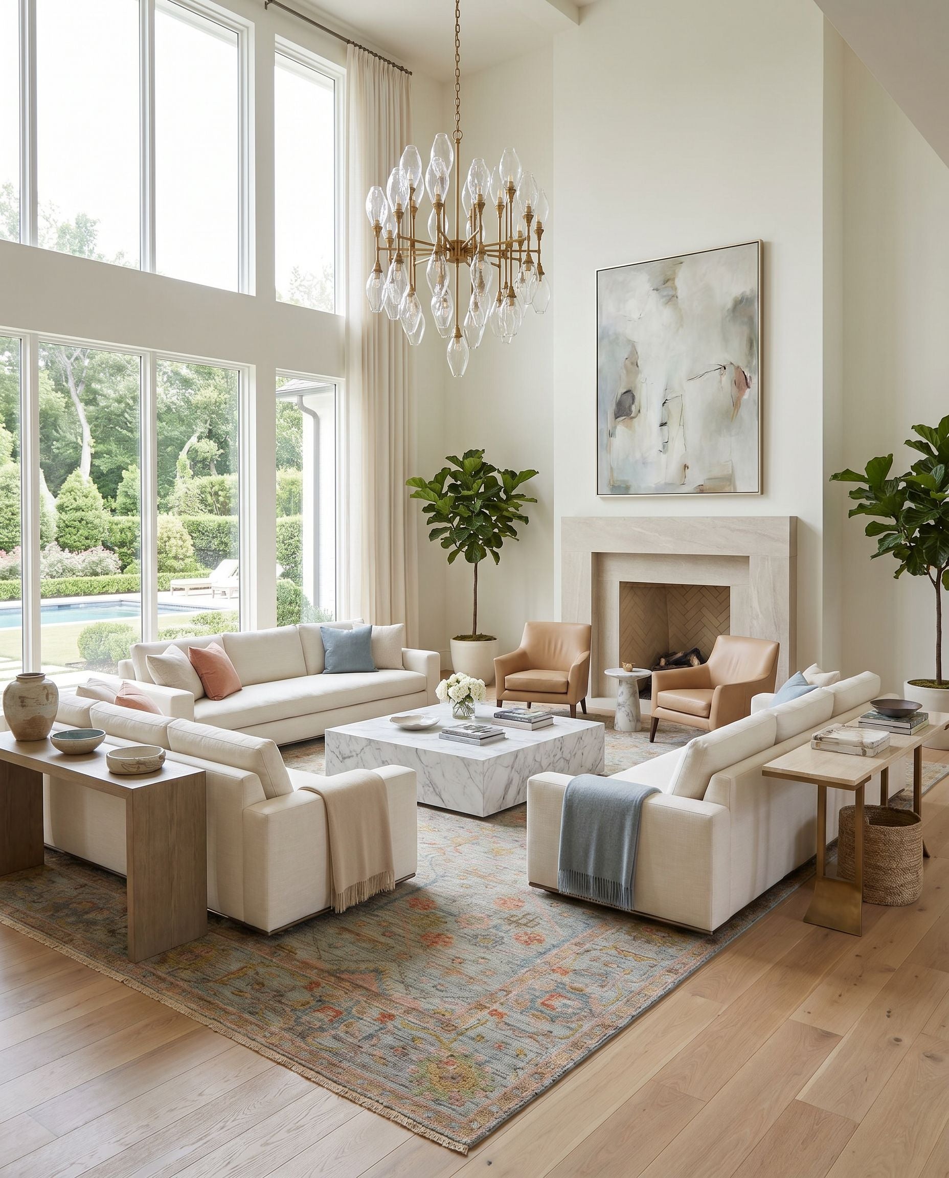Reign REG-2323 Hand Knotted Rug styled in an elegant designer living room — hand knotted traditional area rug in pale blue, dusty pink, mustard and light brown tones