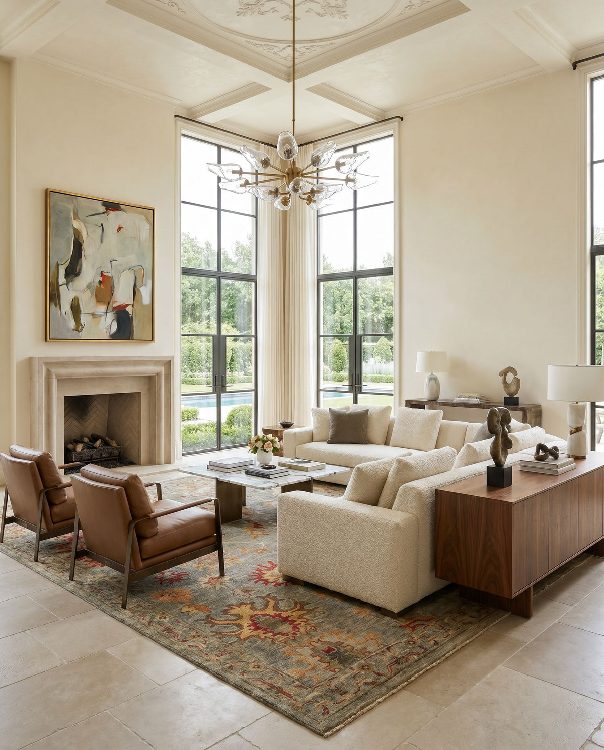 Ghazni GHZ-2307 Hand Knotted Rug styled in an elegant designer living room — hand knotted traditional area rug in light olive, olive, beige and camel tones