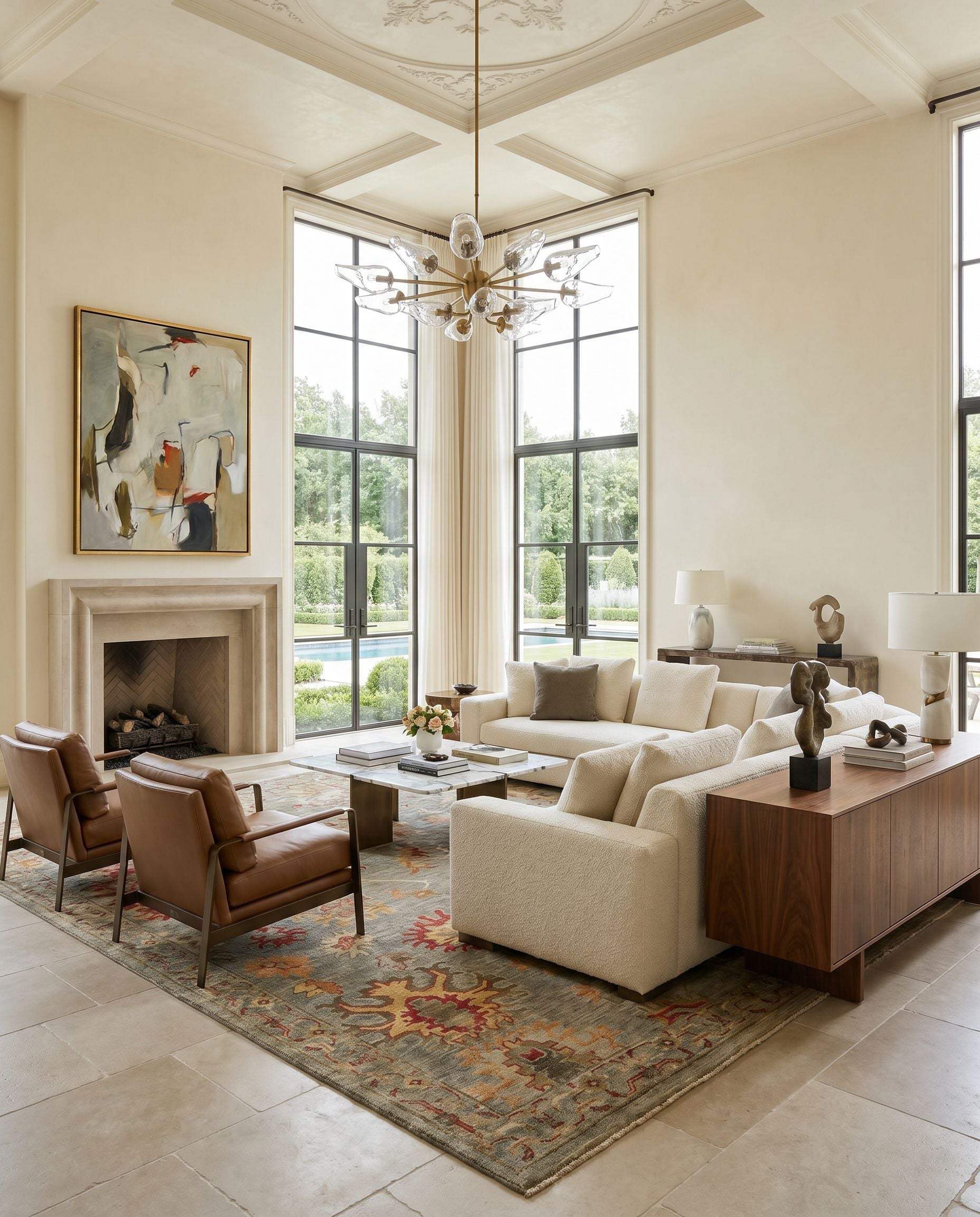 Ghazni GHZ-2307 Hand Knotted Rug styled in an elegant designer living room — hand knotted traditional area rug in light olive, olive, beige and camel tones