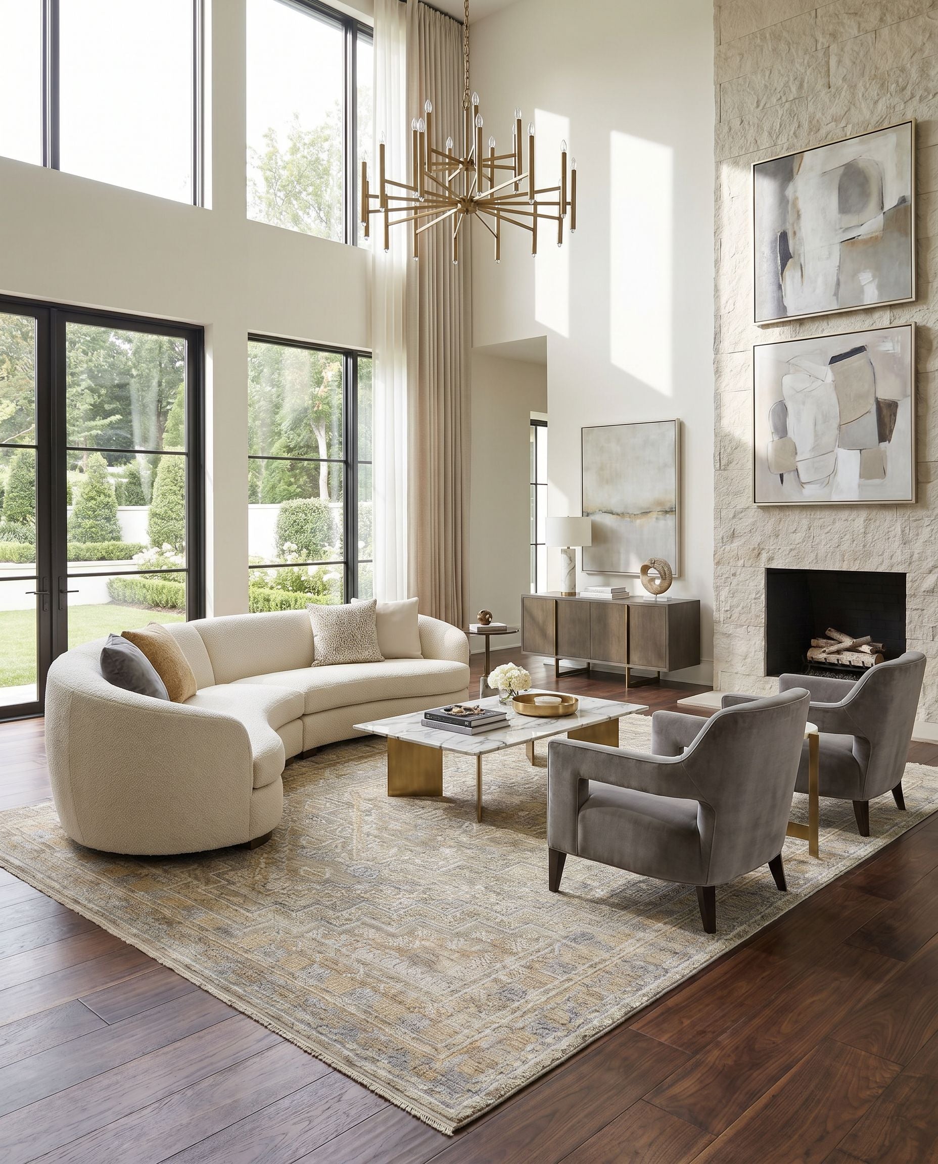 Nobility NBI-2314 Hand Knotted Rug styled in an elegant designer living room — hand knotted traditional area rug in tan, charcoal, wheat and light gray tones