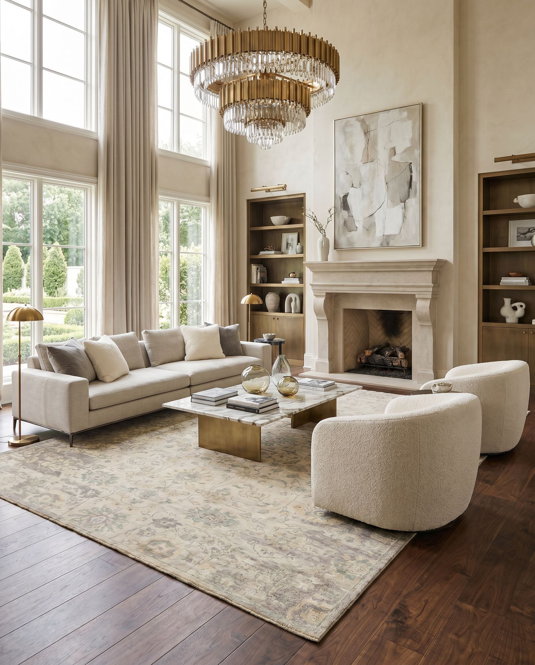 Normandy NOY-8006 Hand Knotted Rug styled in an elegant designer living room — hand knotted traditional area rug in wheat, light sage, teal and lavender tones