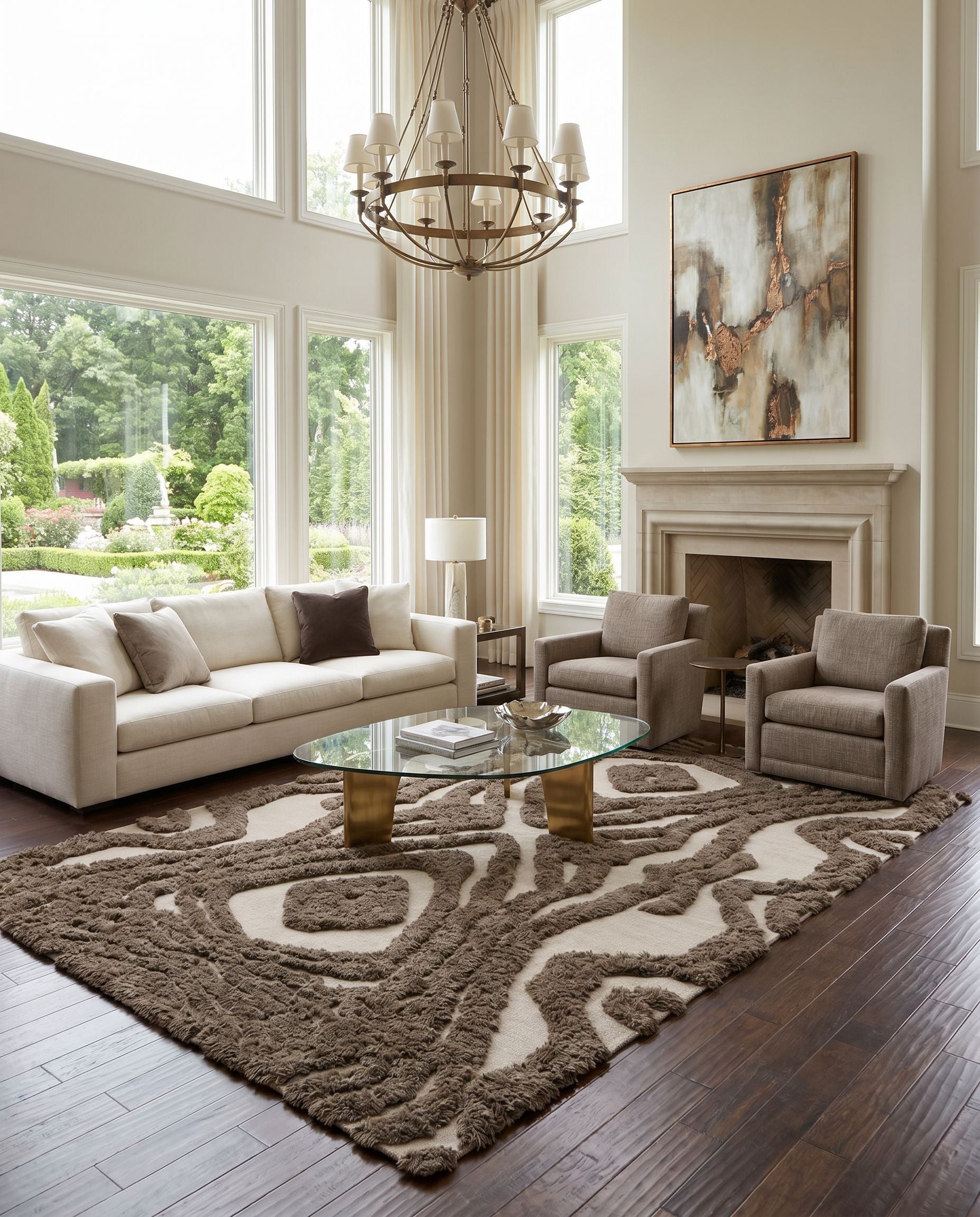 Midelt MDT-1004 Hand Woven Rug styled in an elegant designer living room — hand woven modern area rug in brown and medium brown tones