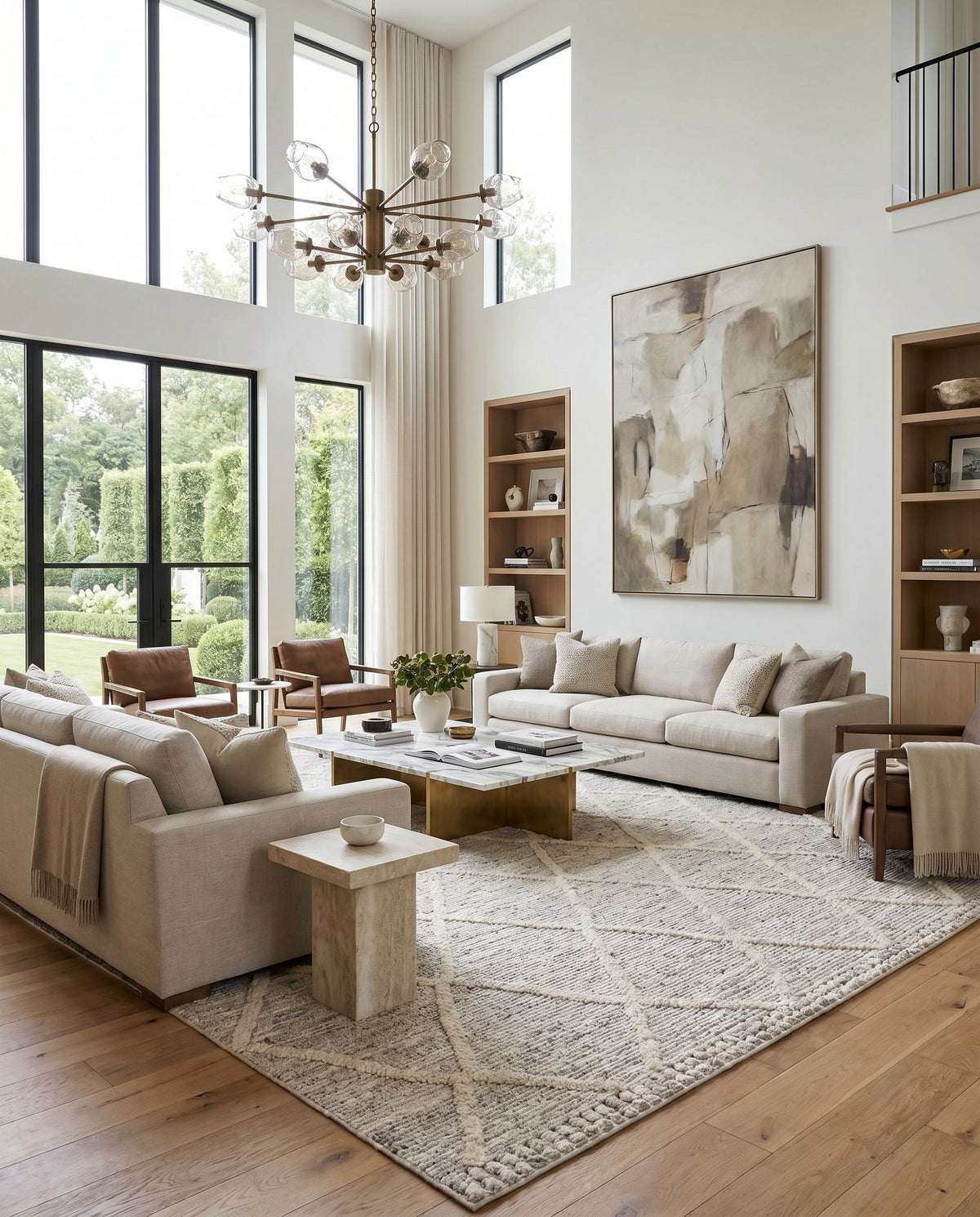 Manisa MNS-2302 Hand Woven Rug styled in an elegant designer living room — hand woven global area rug in charcoal, gray, brown and black tones