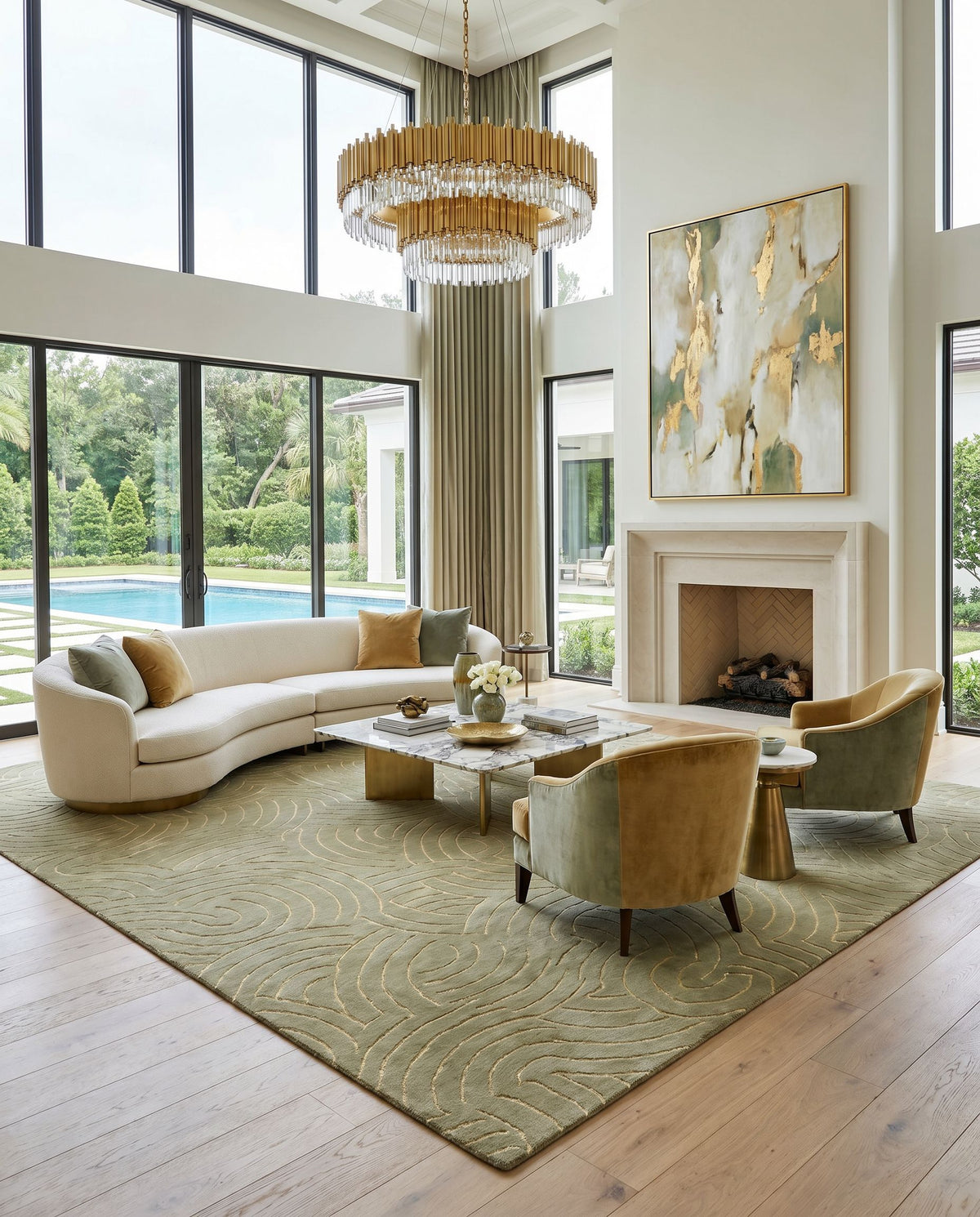 Shibui SH-7401 Hand Knotted Rug styled in an elegant designer living room — hand knotted traditional area rug in multicolor tones