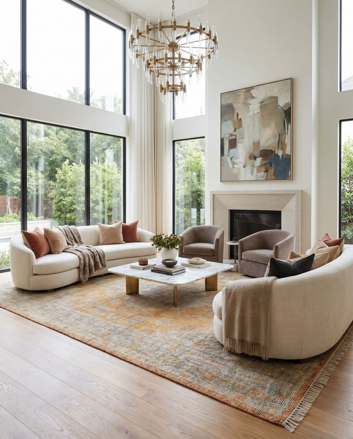 Nirvana NVN-2301 Hand Knotted Rug styled in an elegant designer living room — hand knotted traditional area rug in dusty coral, mustard, beige and medium gray tones