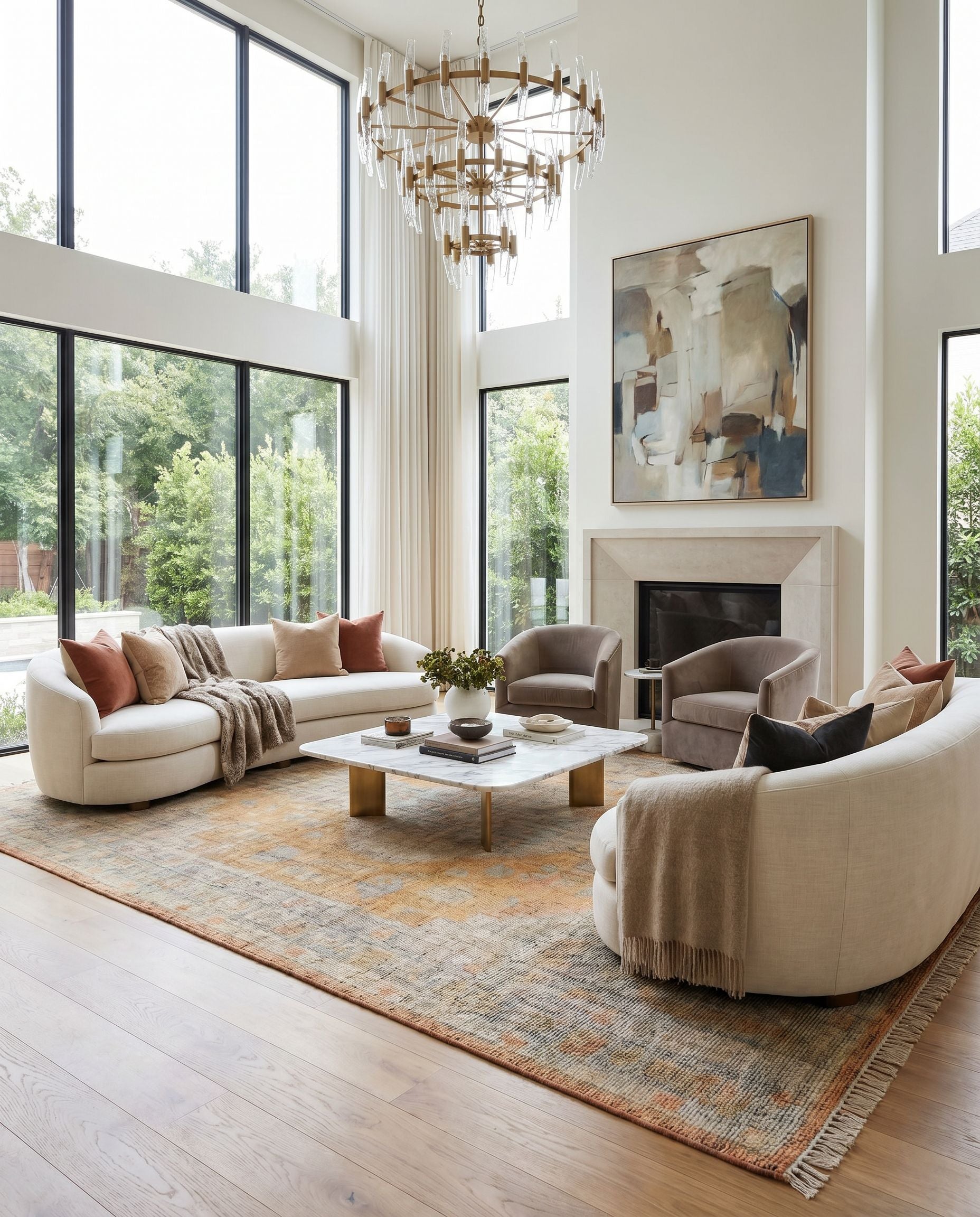 Nirvana NVN-2301 Hand Knotted Rug styled in an elegant designer living room — hand knotted traditional area rug in dusty coral, mustard, beige and medium gray tones