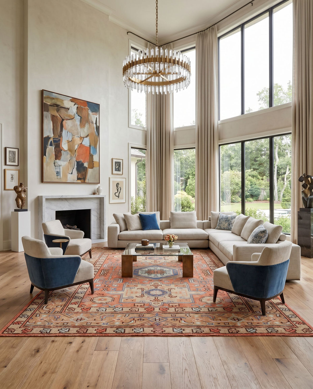 Kars KSA-2305 Hand Knotted Rug styled in an elegant designer living room — hand knotted traditional area rug in coral, blue, pale blue and tan tones