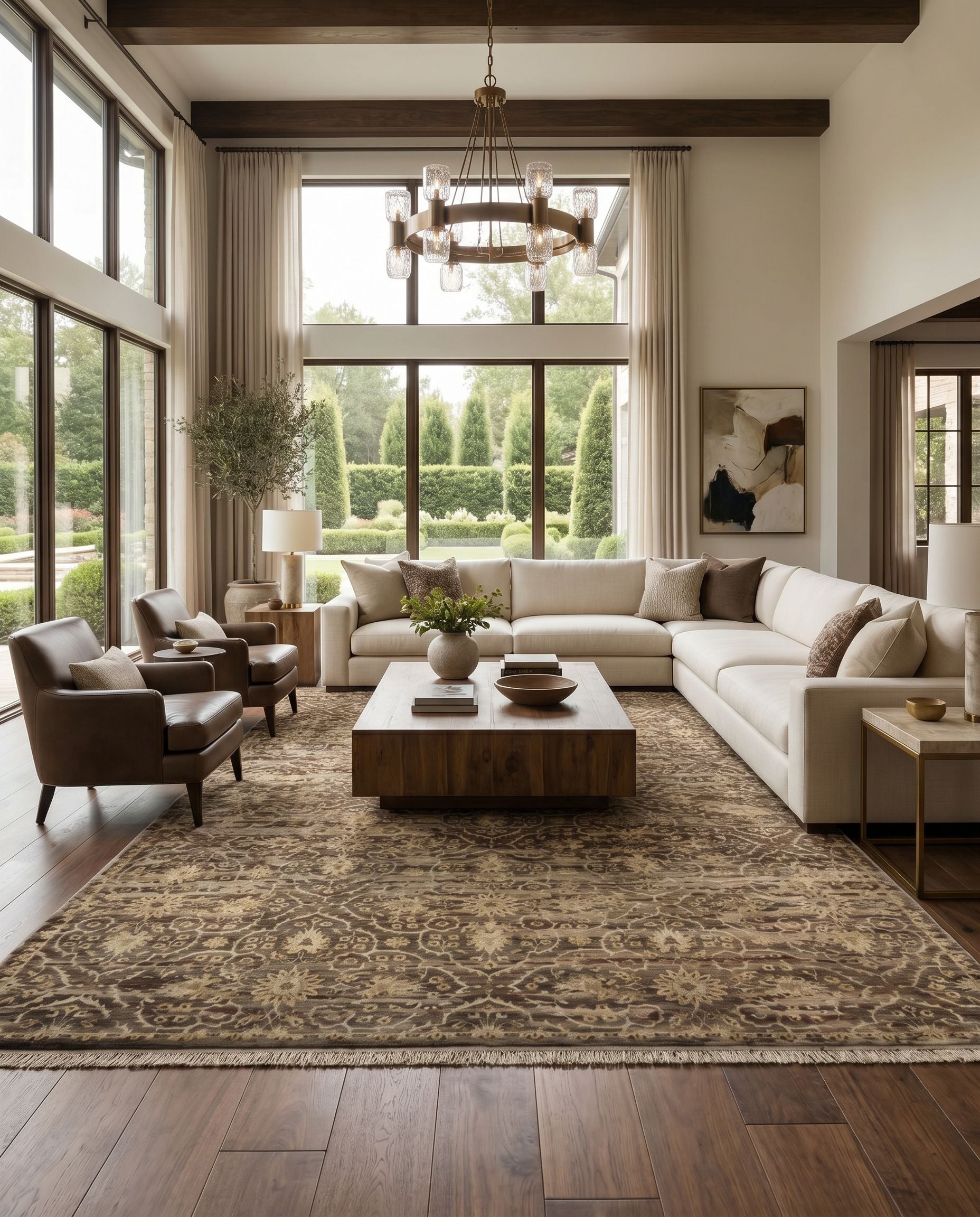 Empress EMS-7010 Hand Knotted Rug styled in an elegant designer living room — hand knotted traditional area rug in charcoal, gray, dusty sage and light gray tones